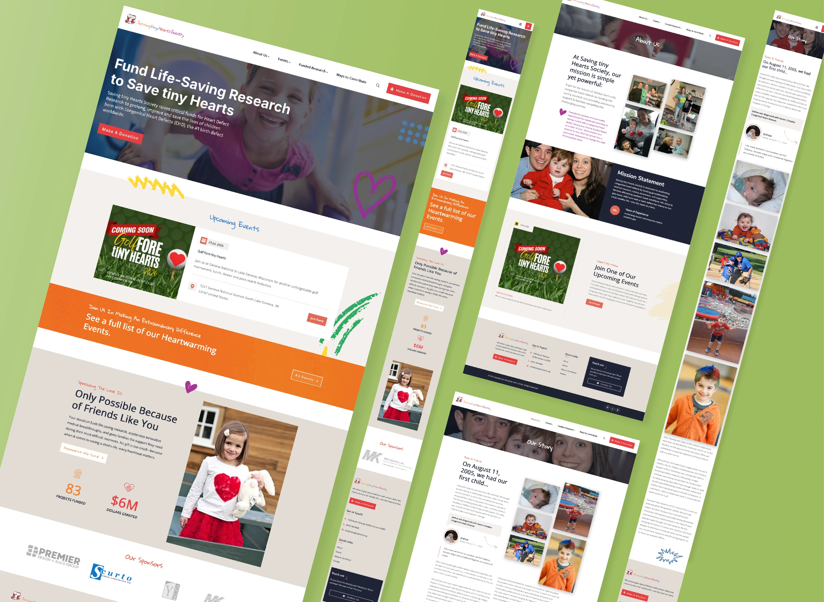 Display of Saving Tiny Hearts Society website views for both desktop and mobile web browsers. 