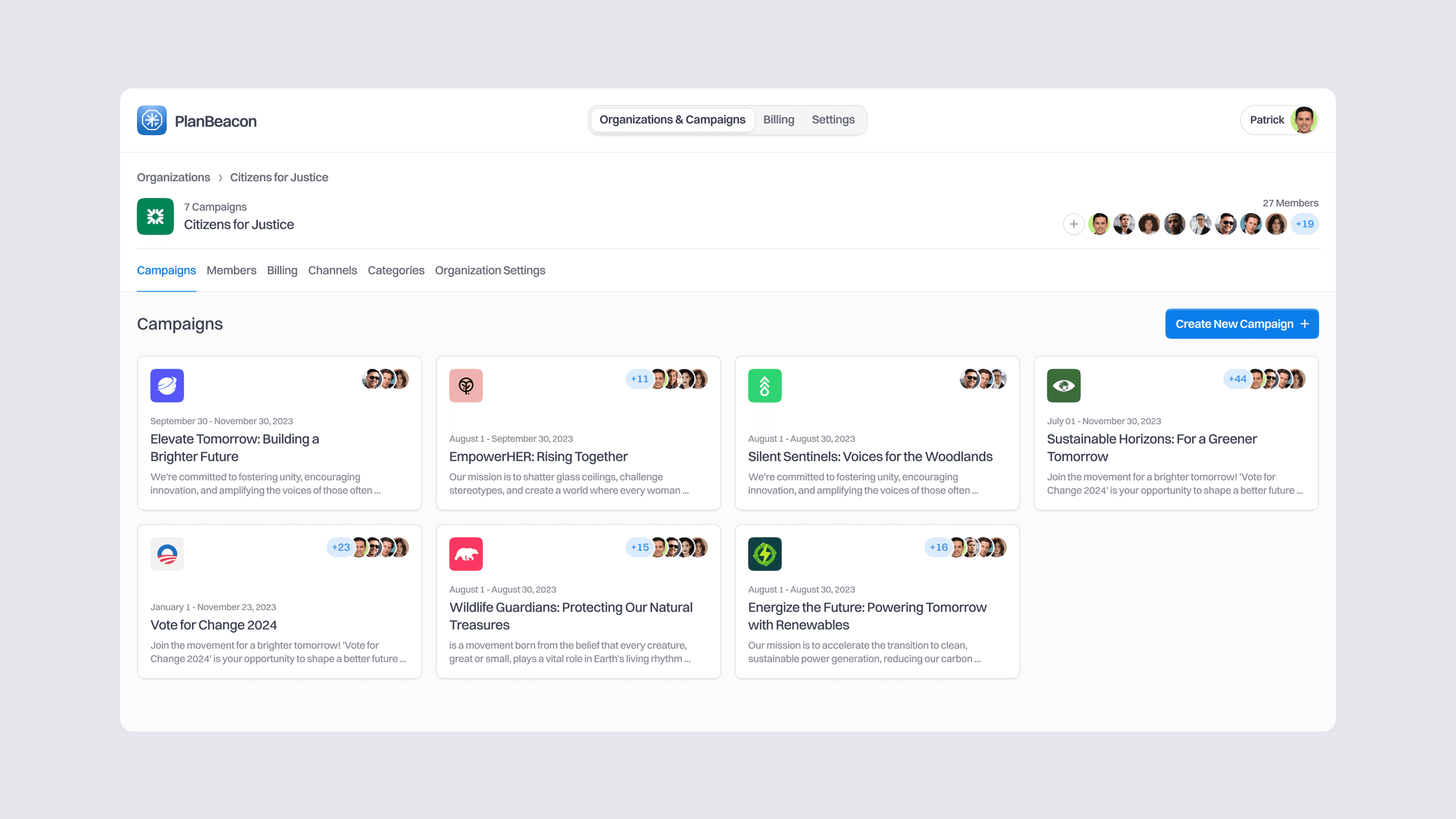 planbeacon admin - organizations & campaigns ui design