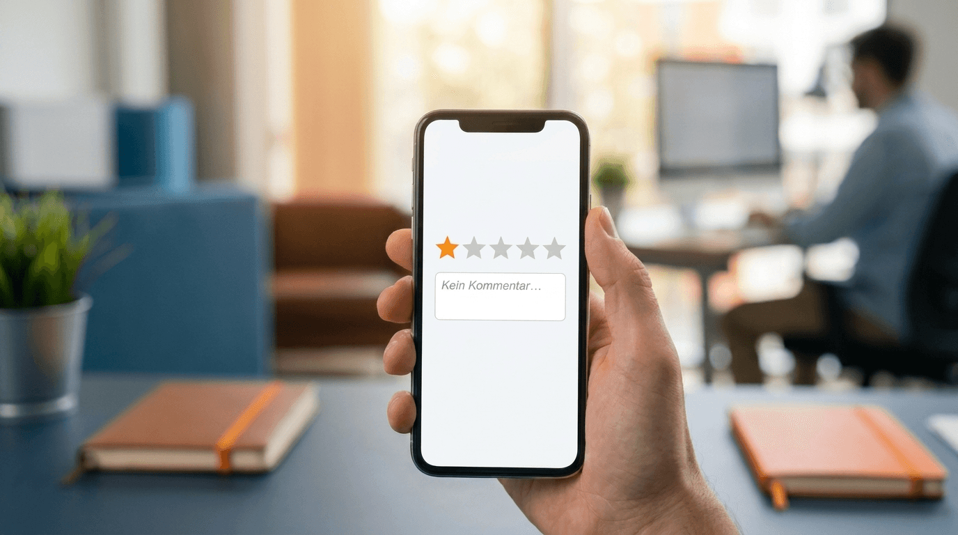 Unternehmer blickt auf Smartphone mit 1-Sterne-Bewertung ohne Kommentar