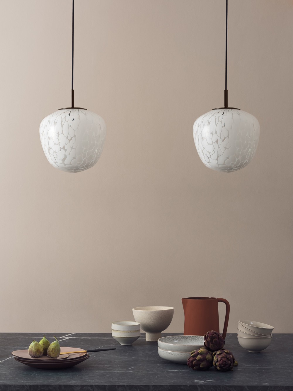 Milo pendant light – modern fixture with white flaked glass and bronze metalwork