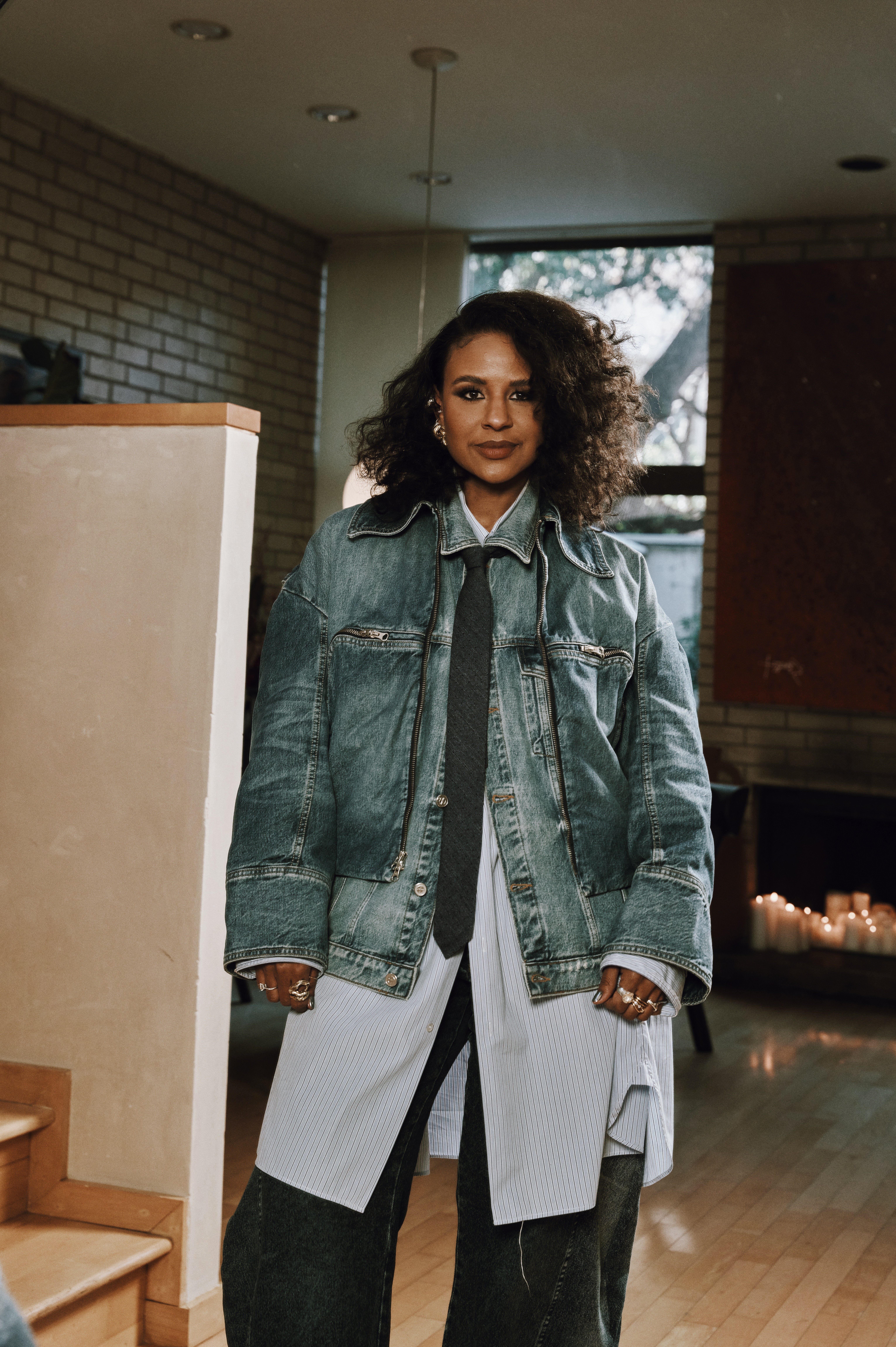 Asley Griffin in denim outfit