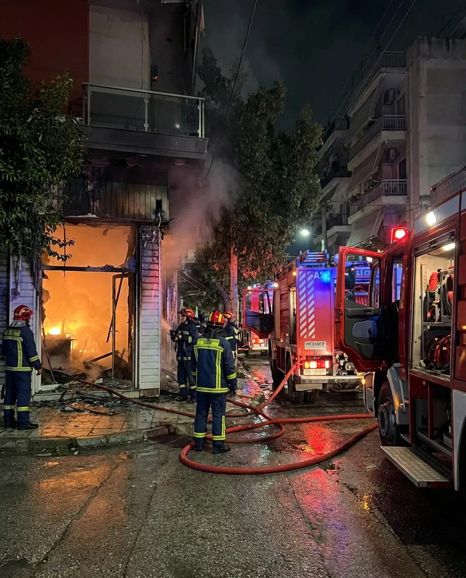 Fire crews at the scene of the Nea Smyrni shop blaze