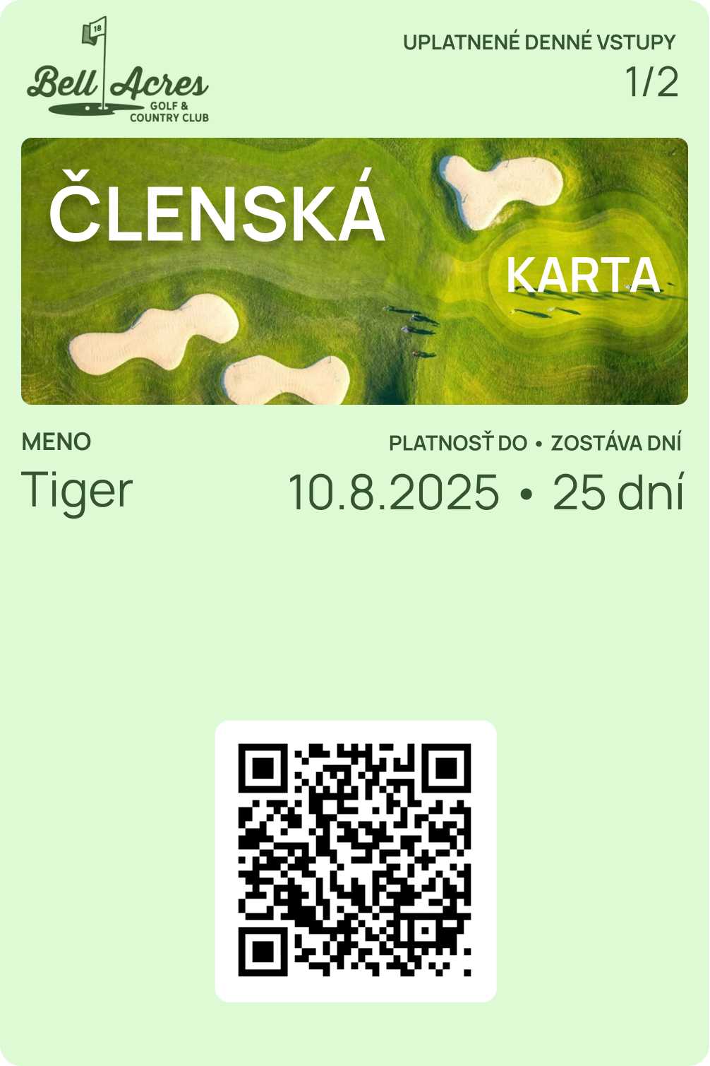 Členská karta golfového klubu Bell Acres Golf & Country Club. Elegantný zelený dizajn s leteckým pohľadom na golfové ihrisko s pieskovými bunkermi. Meno Tiger, 3100 bodov, VIP úroveň s 10% zľavou.