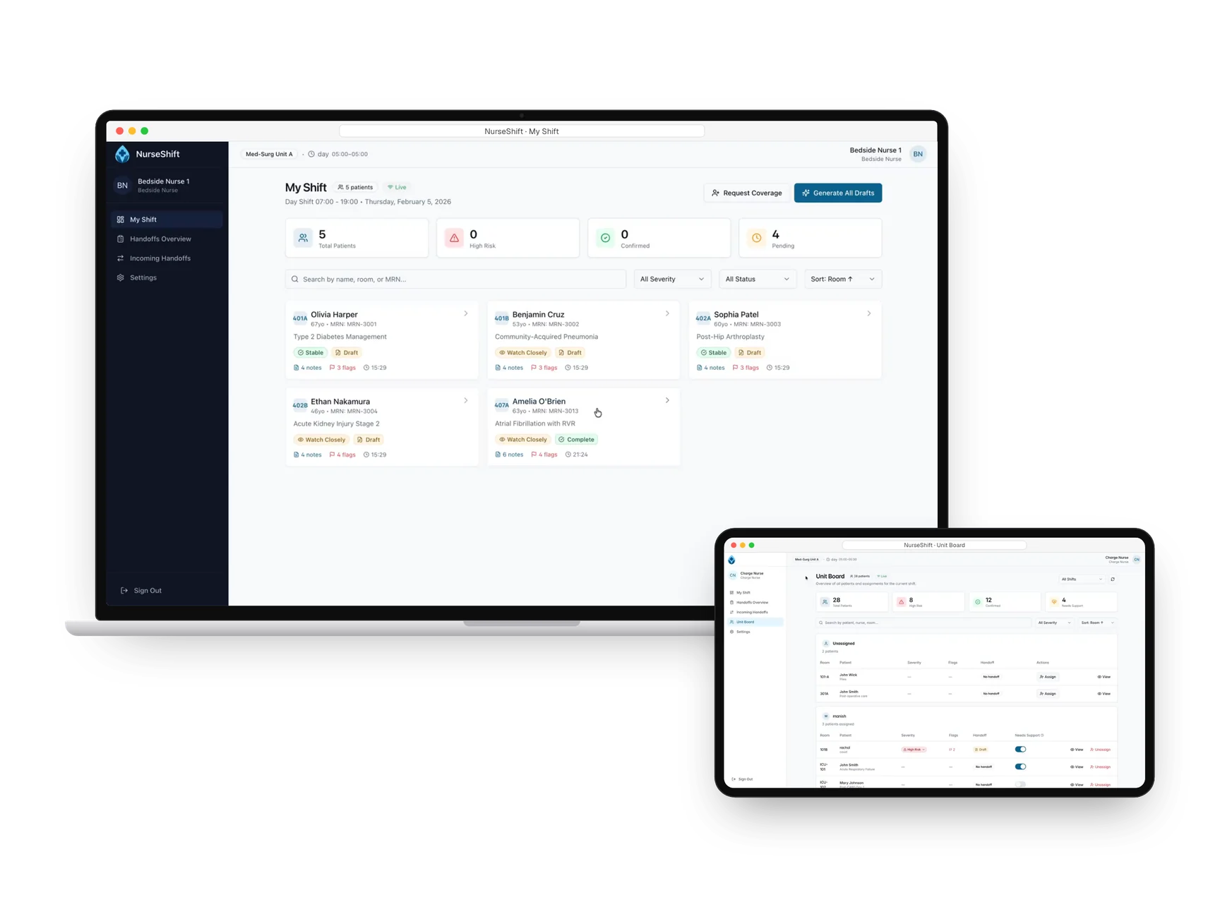 NurseShift analytics on a laptop with the handoffs view on a tablet