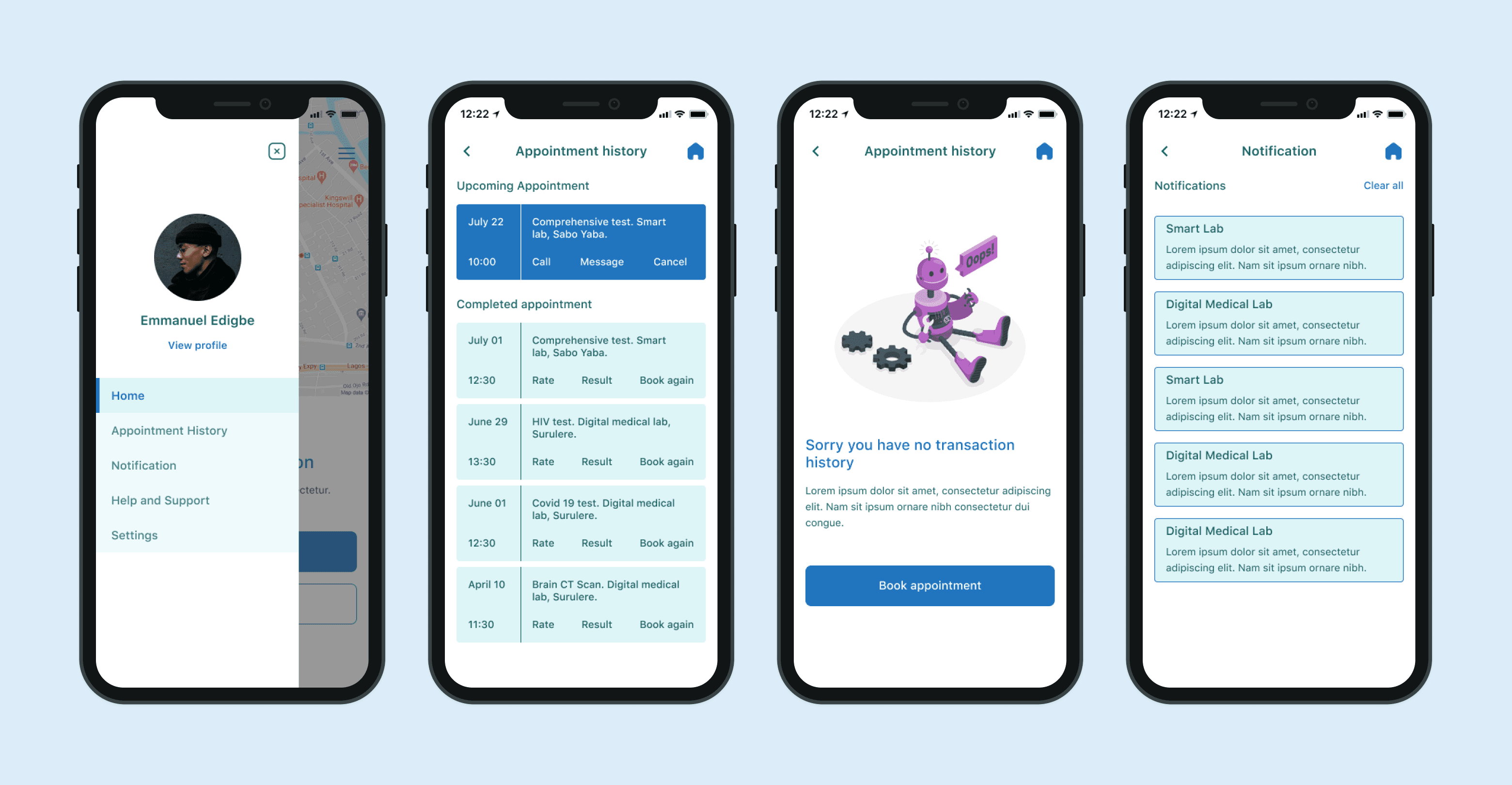 prototype for appointment history and notifications