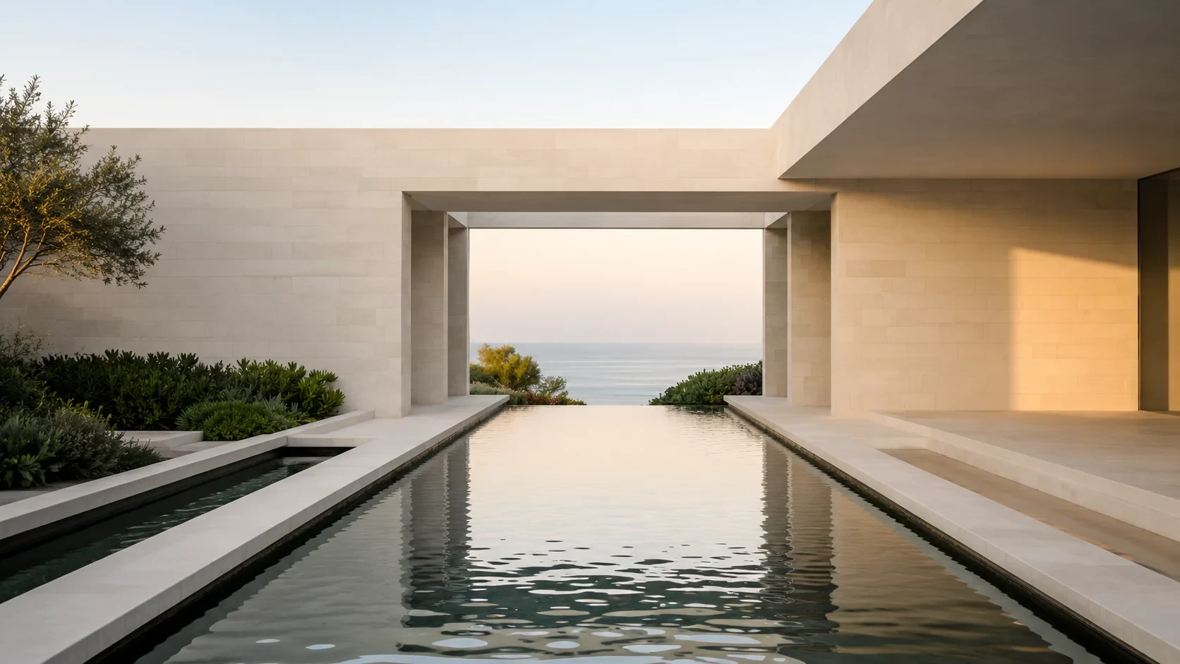 Piscina de espelho d'água minimalista com vista para o mar