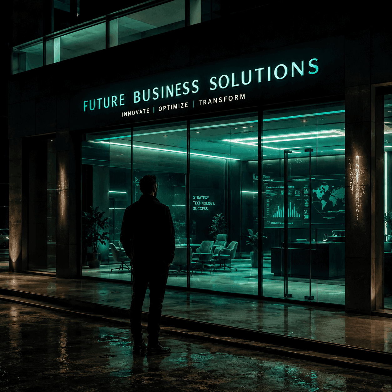 Silhouette of a potential client standing on a dark, wet street looking into a modern glass storefront illuminated with a bright neon green glow. The storefront features the text 'FUTURE BUSINESS SOLUTIONS. INNOVATE | OPTIMIZE | TRANSFORM' and 'STRATEGY. TECHNOLOGY. SUCCESS.' This conceptual visual represents the critical first impression and digital brand trust a client evaluates during the pre-contact buyer journey.