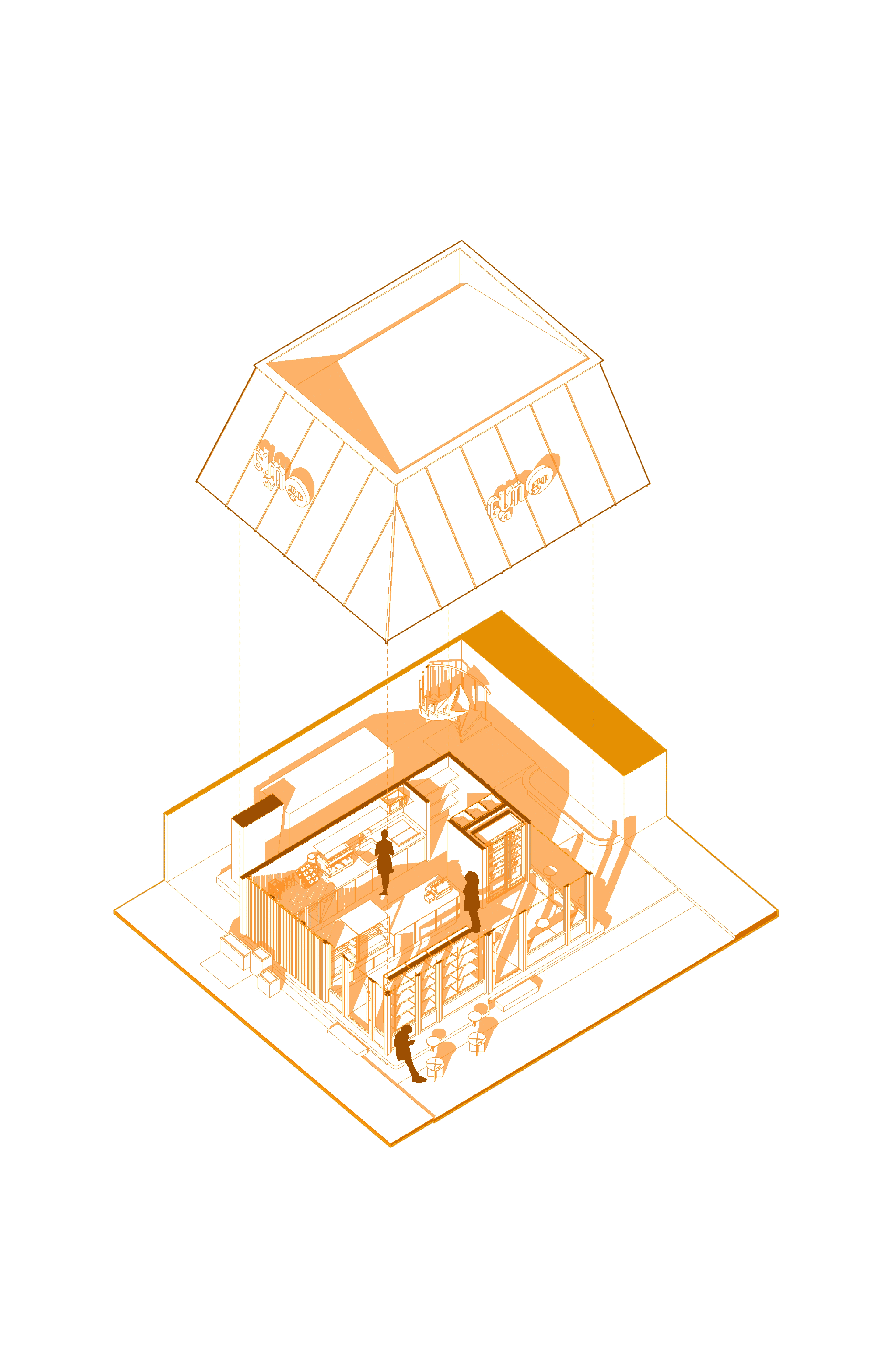 Architectural exploded isometric diagram of Khéma GO illustrating the spatial relationship between the service core, client flow, and the iconic overhanging roof structure