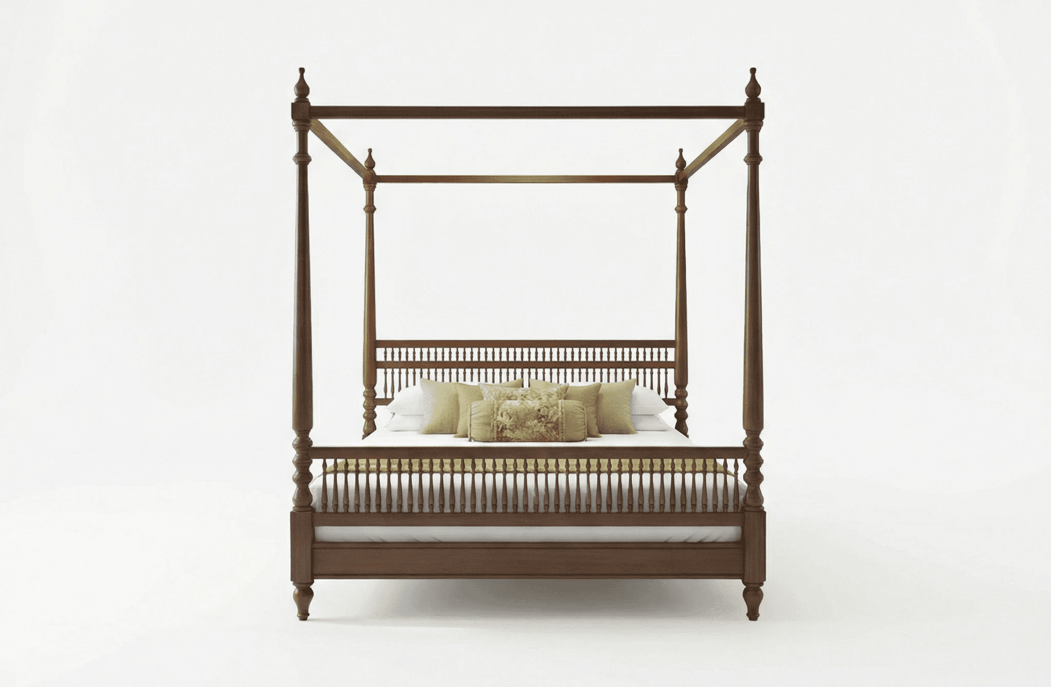 Ornate four‑poster bed with carved canopy structure and paneled base