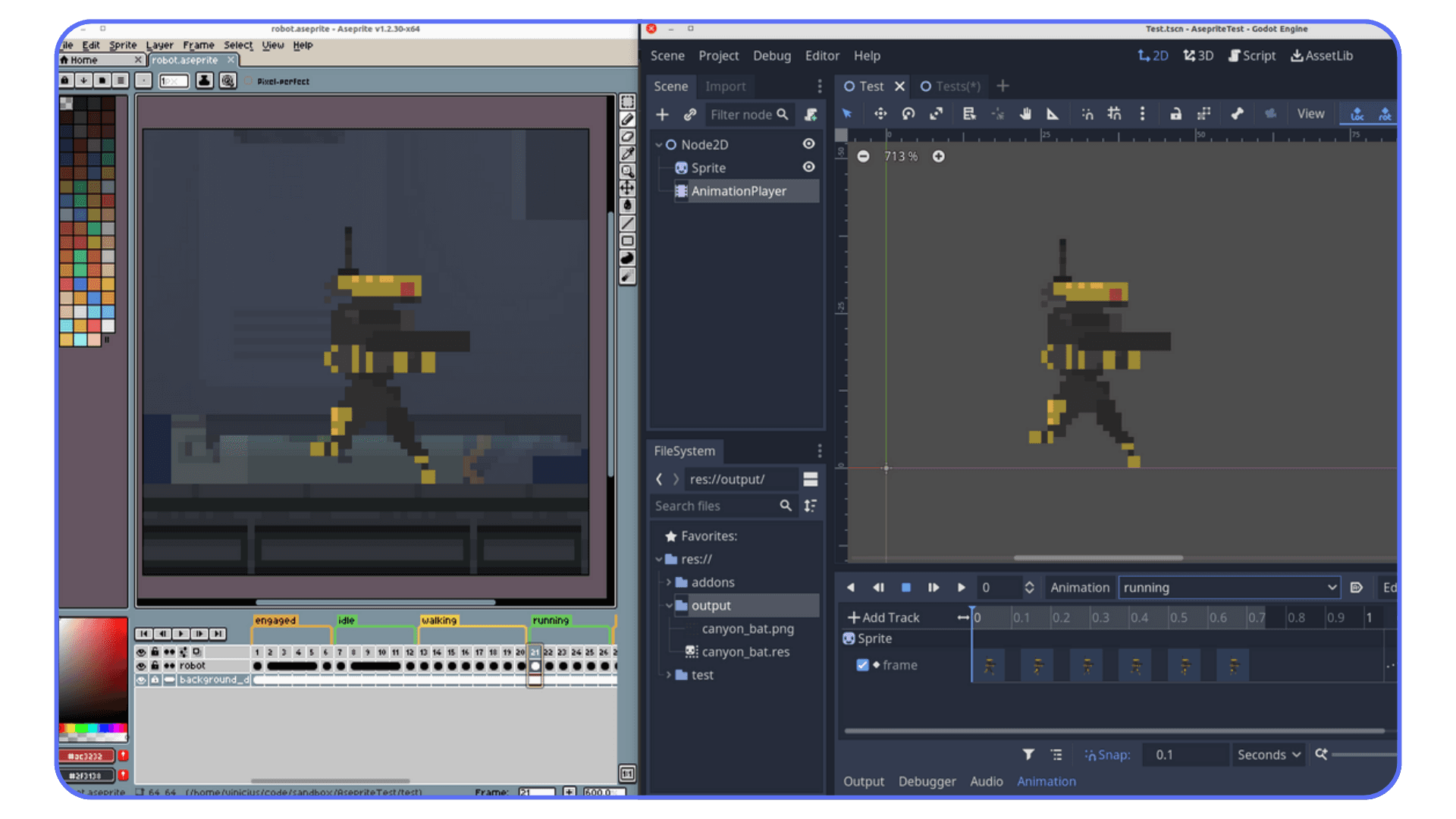 Side-by-side view of Aseprite and Godot, showing a pixel art character imported into the engine using Aseprite Wizard.