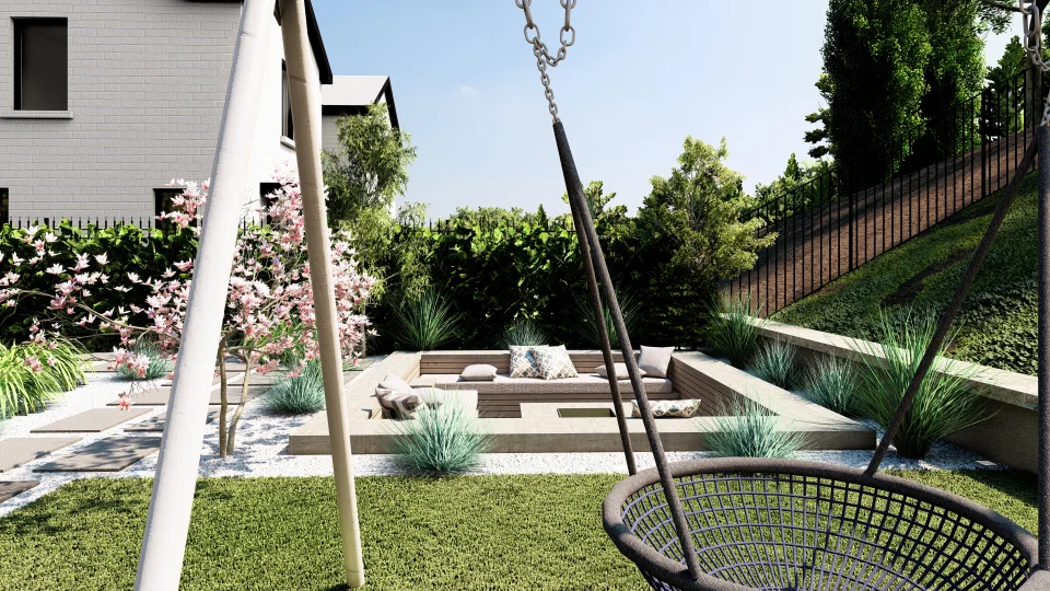 A view of the lawn and the house from the swing.