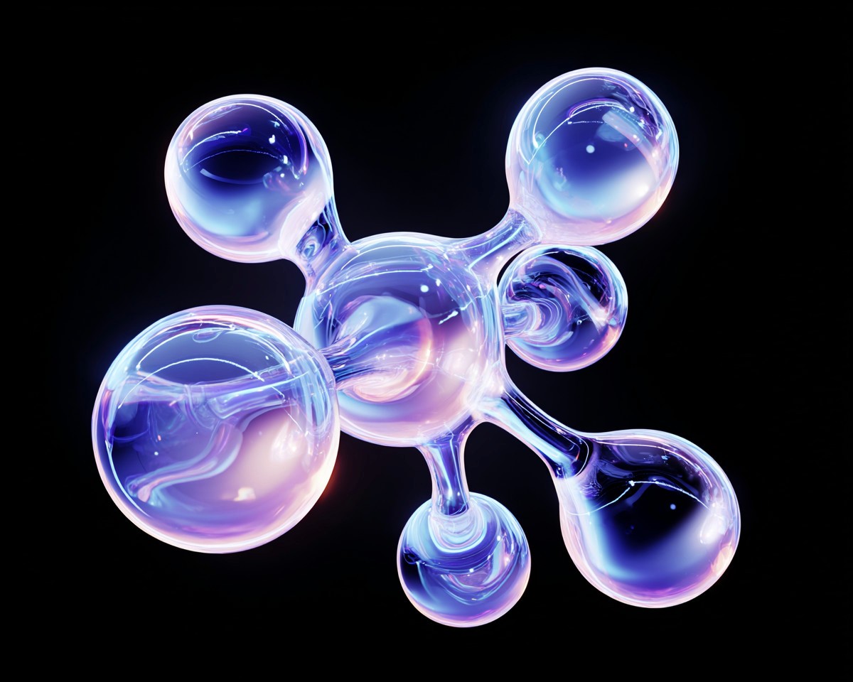Abstract 3D glass molecule structure with connected spheres on black background