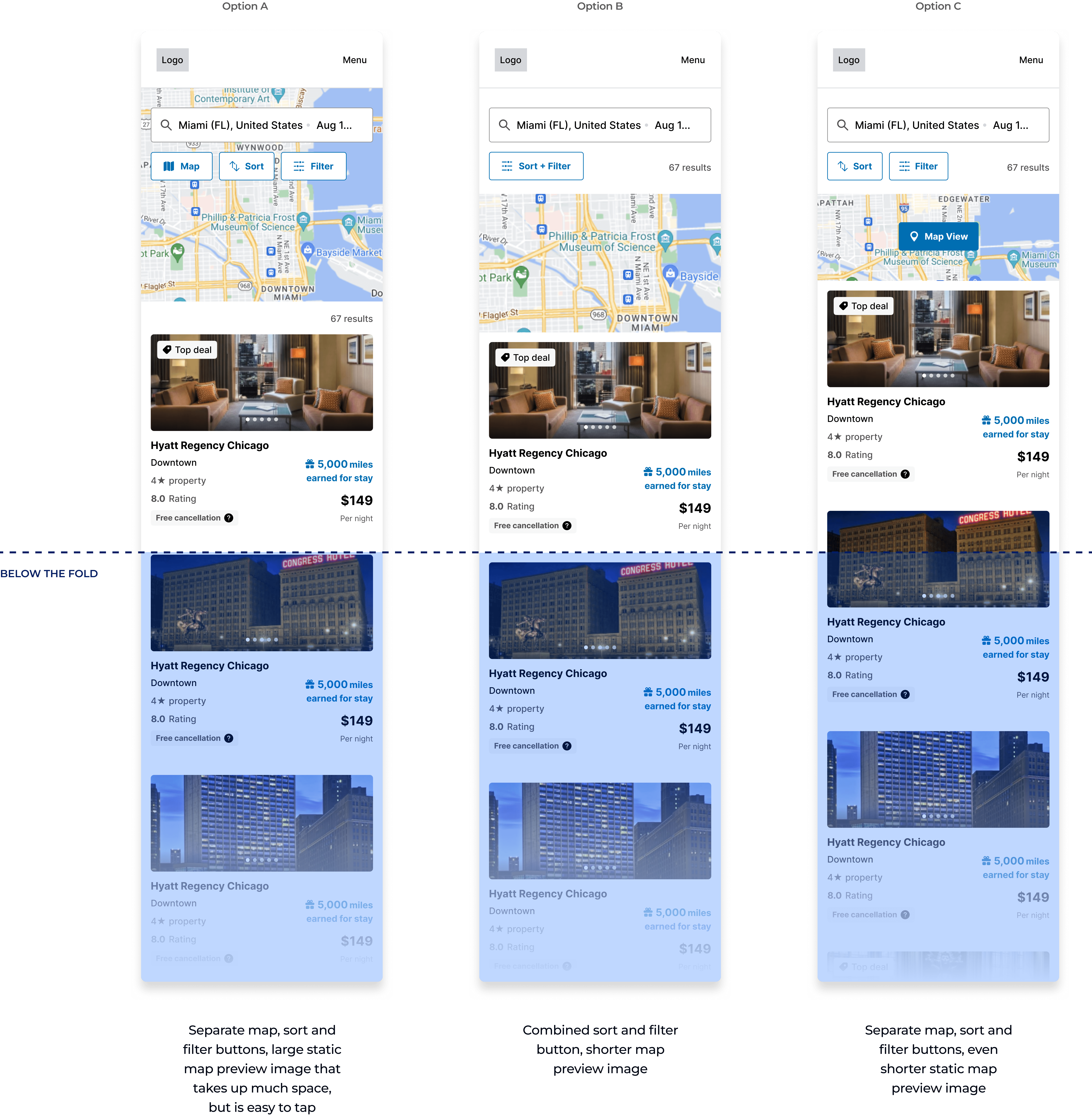 3 different design treatments of how the sort, map and filtering functions could look on mobile above the fold.