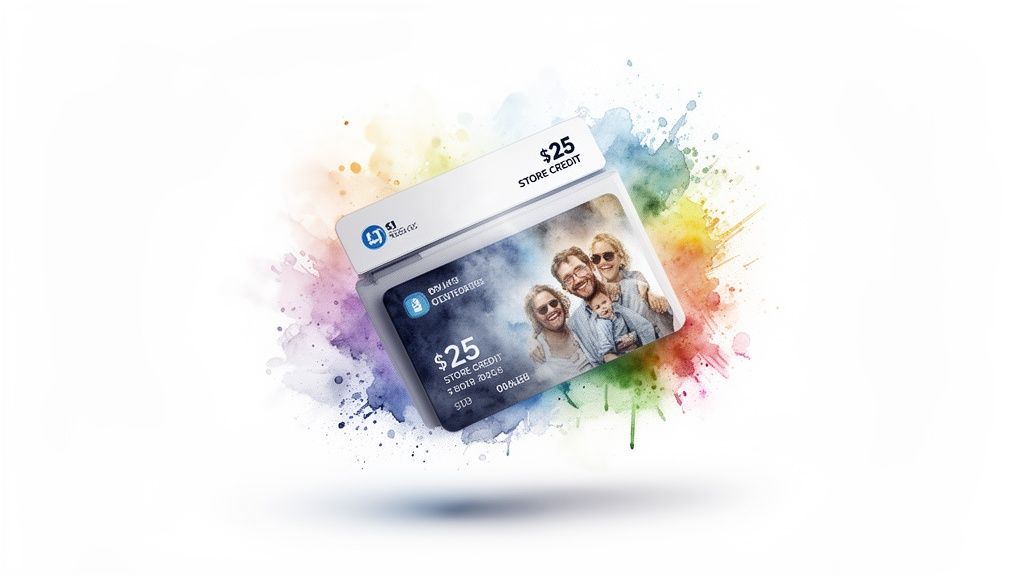 A $25 store credit card featuring a family photo, set against a colorful watercolor splash background.
