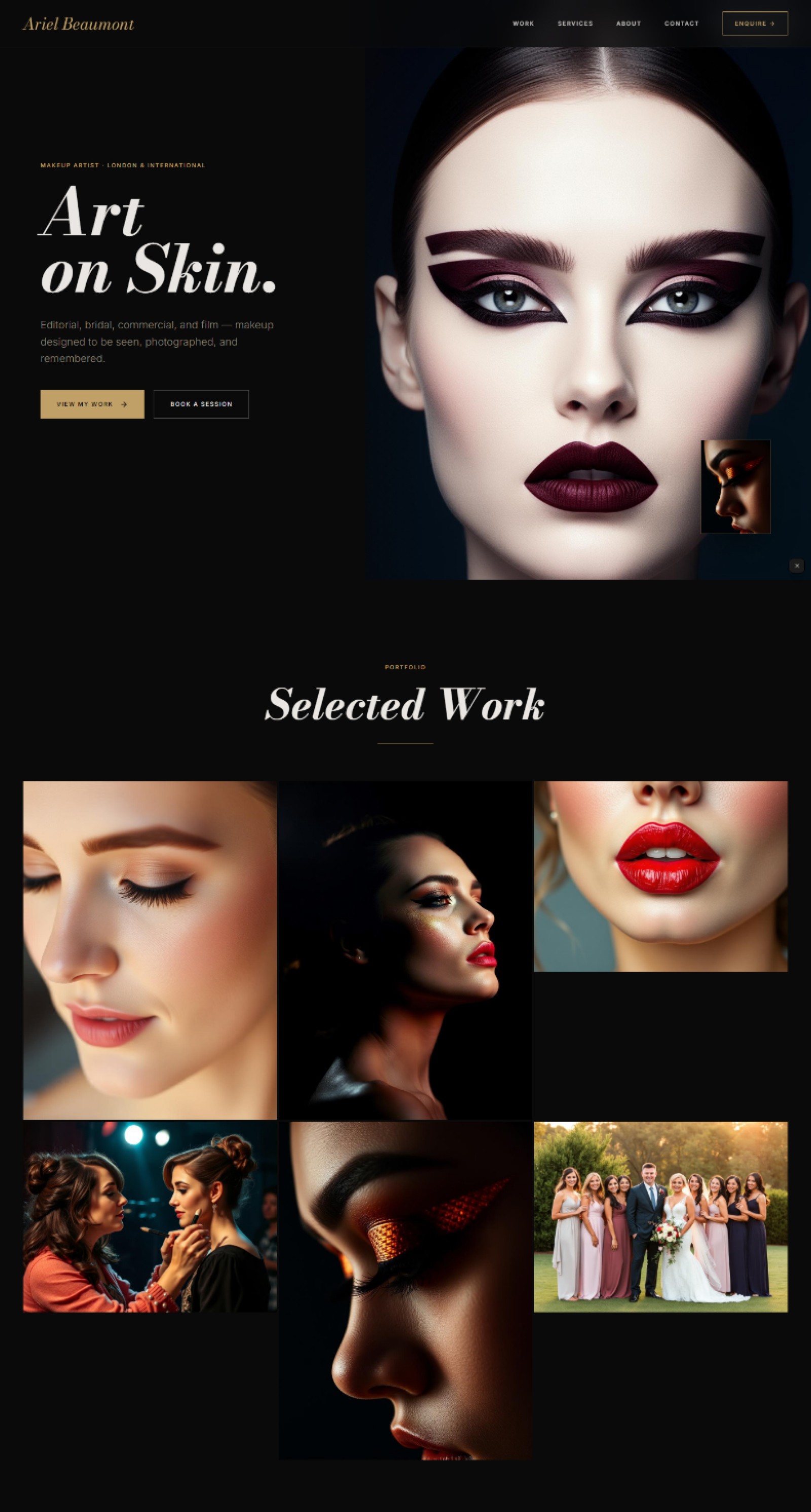 Makeup artist website prompt — dark near-black and warm gold editorial makeup artist beauty portfolio website design preview