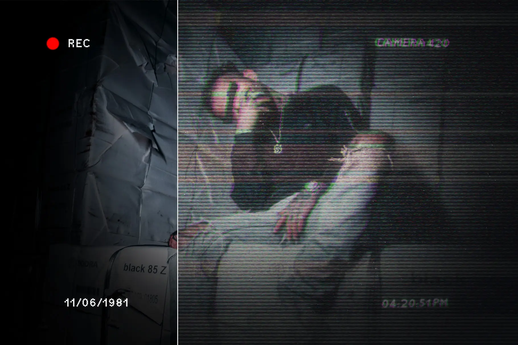 Analog VHS Glitch Mockup applied to a portrait with a classic red REC indicator and retro timestamp overlay