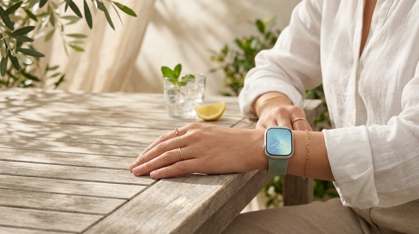 Man weaing summer themed apple watch with analog time and blue dial