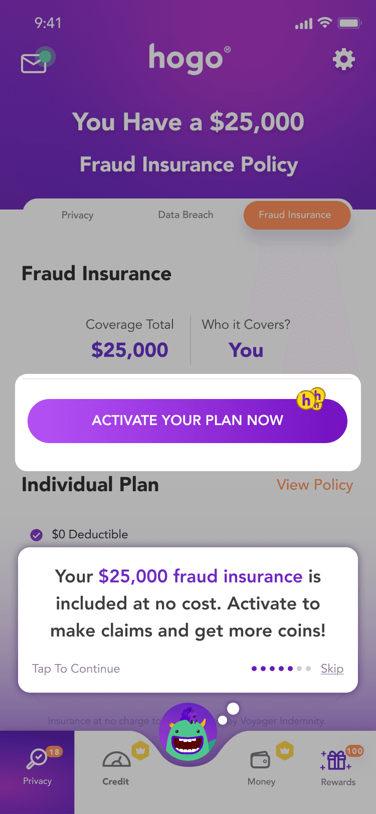 Hogo onboarding tour step 6: $25,000 fraud insurance policy highlighted