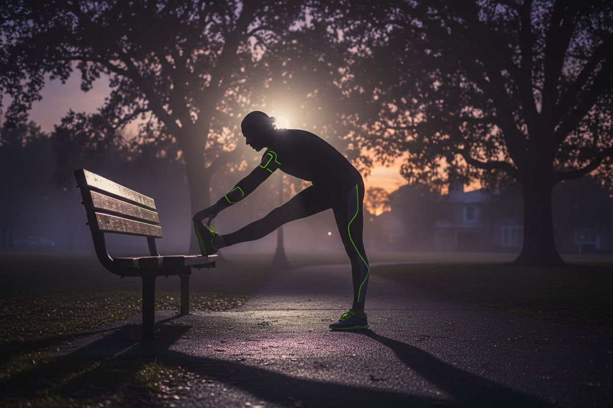 A person stretching after a walk in a park