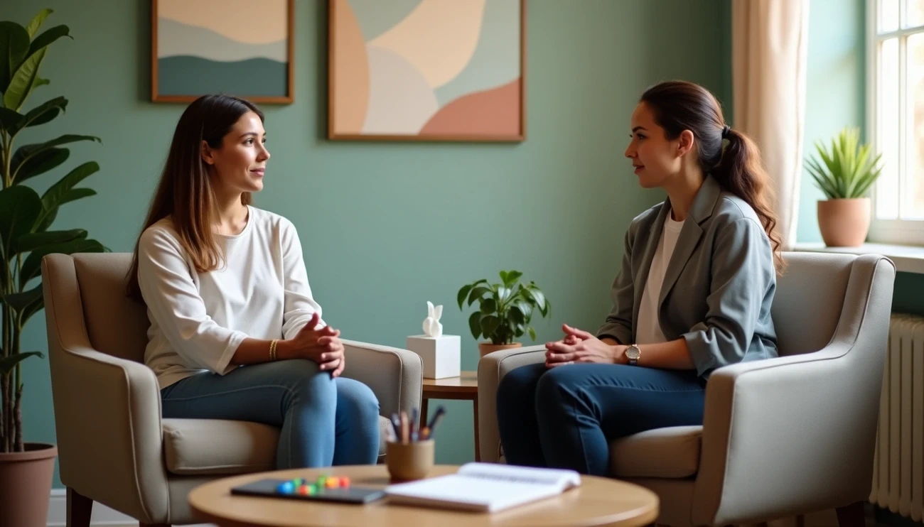 Two women sit facing each other in a calm therapy room with plants and abstract art on the wall.
