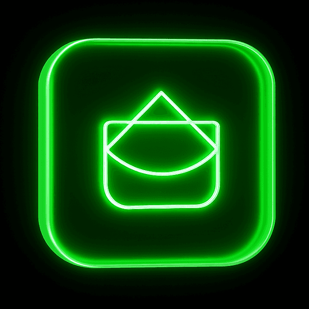 Green neon envelope icon on a dark background.