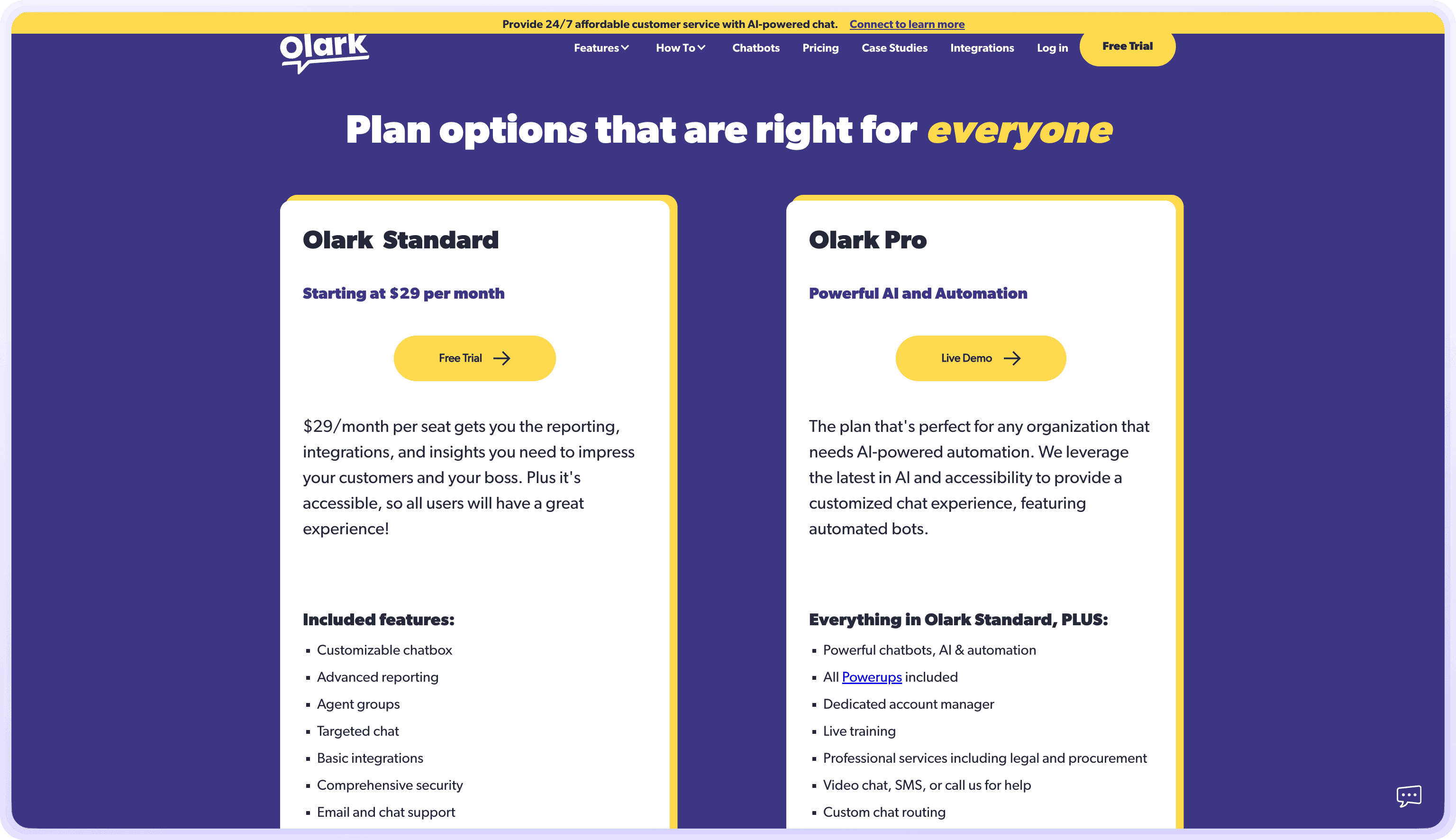 Olark pricing plans showing Standard and Pro subscription options
