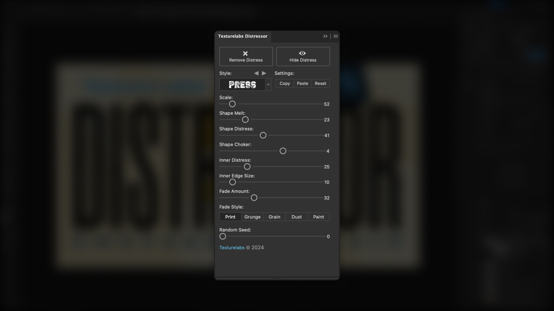 An example of the panel for Distressor plugin from texturelabs, showcasing all the parameters you can alter.