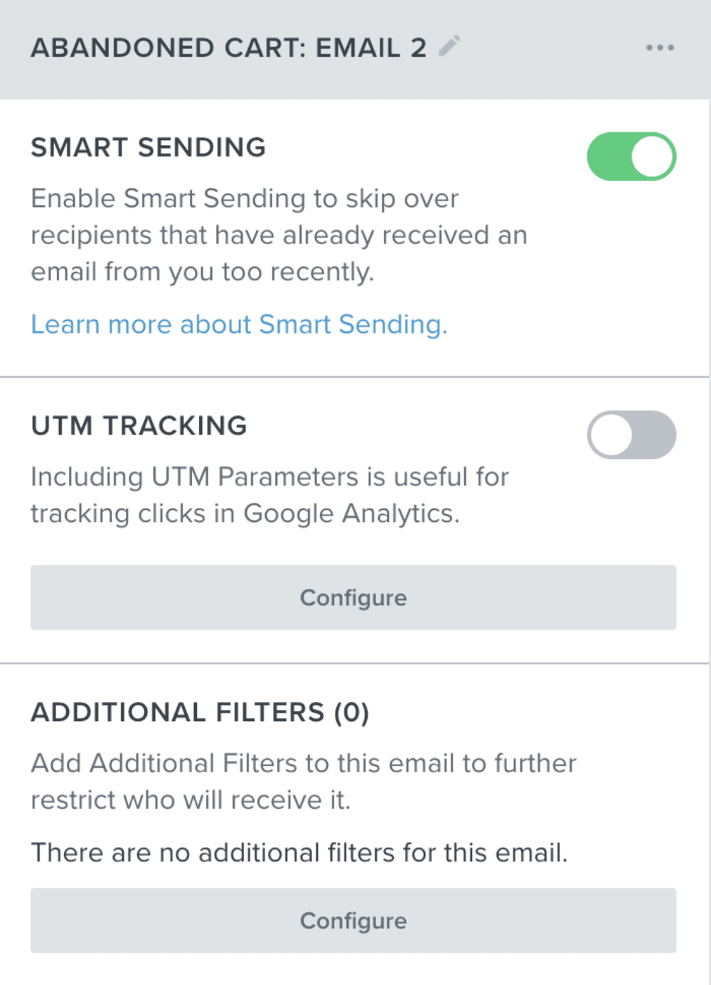 Klaviyo flow settings panel for abandoned cart email 2. Smart Sending is enabled to skip recipients who recently received an email. Includes toggles for UTM tracking and additional filters