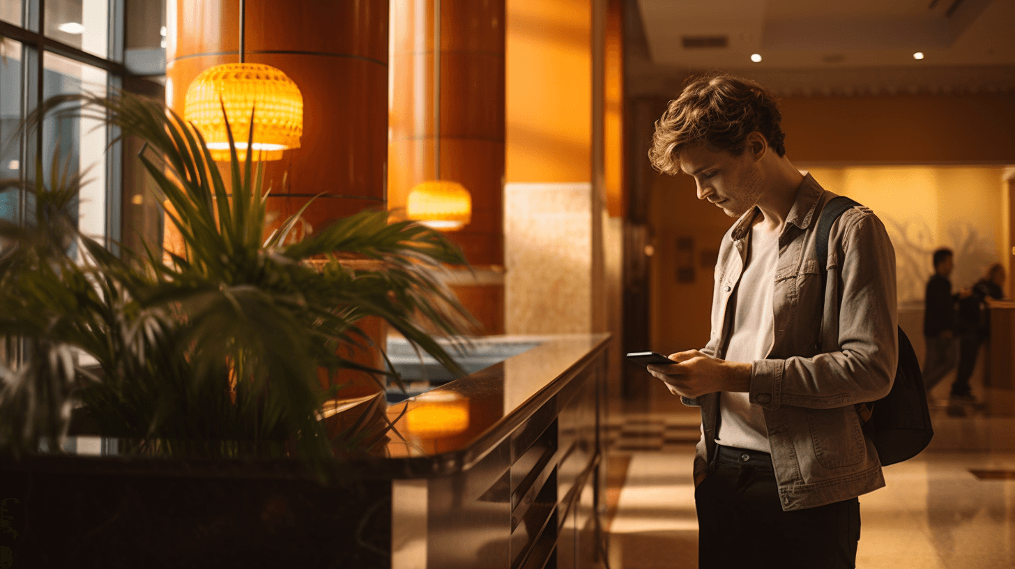 a photo of a male traveller checking in hotel
