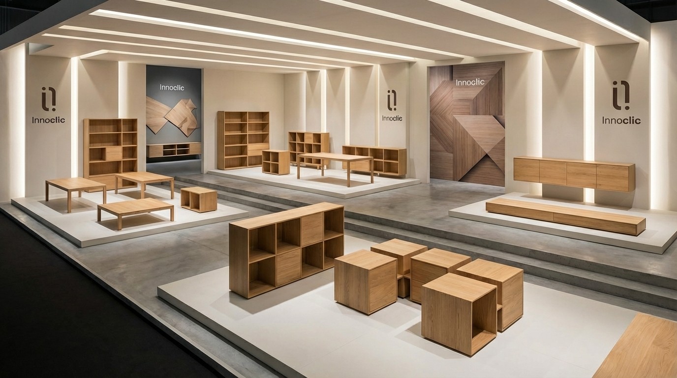 Man assembling a white table with brown legs. The man is wearing a blue jumpsuit and leaning over the furniture.