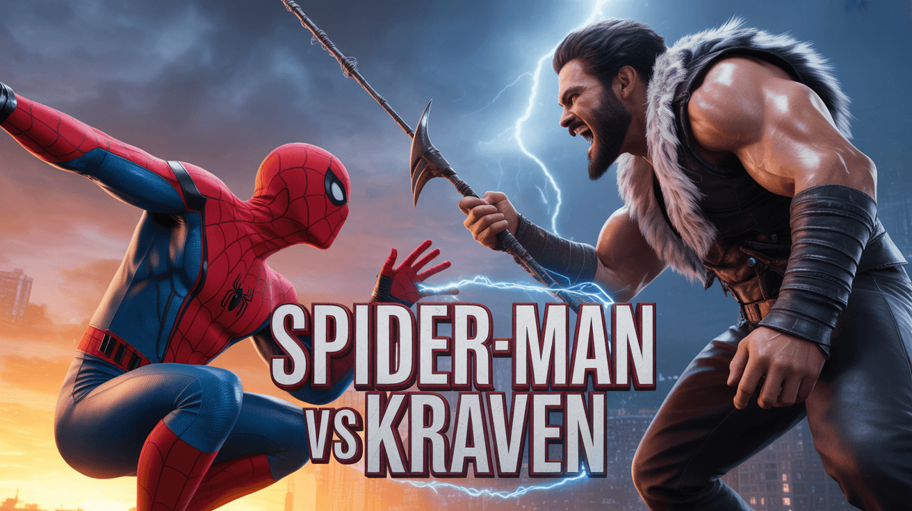 Spider-Man faces Kraven in stormy city with web pose spear stance and versus text