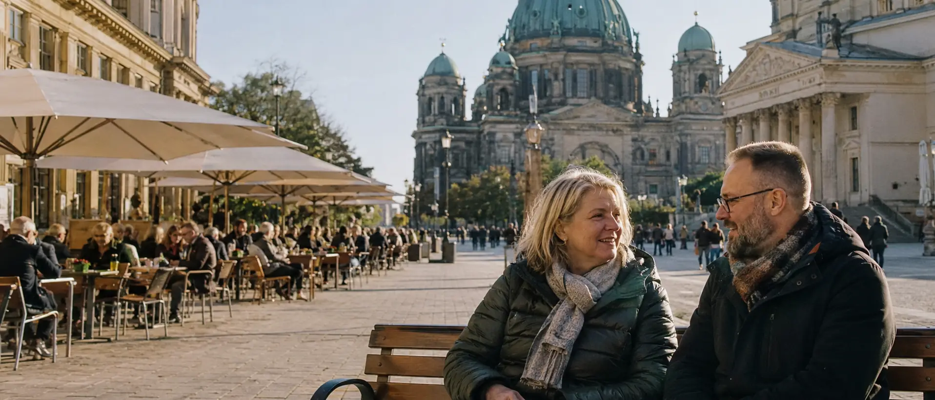 Heller Morgen am Berliner Gendarmenmarkt mit historischer Architektur und Straßencafé