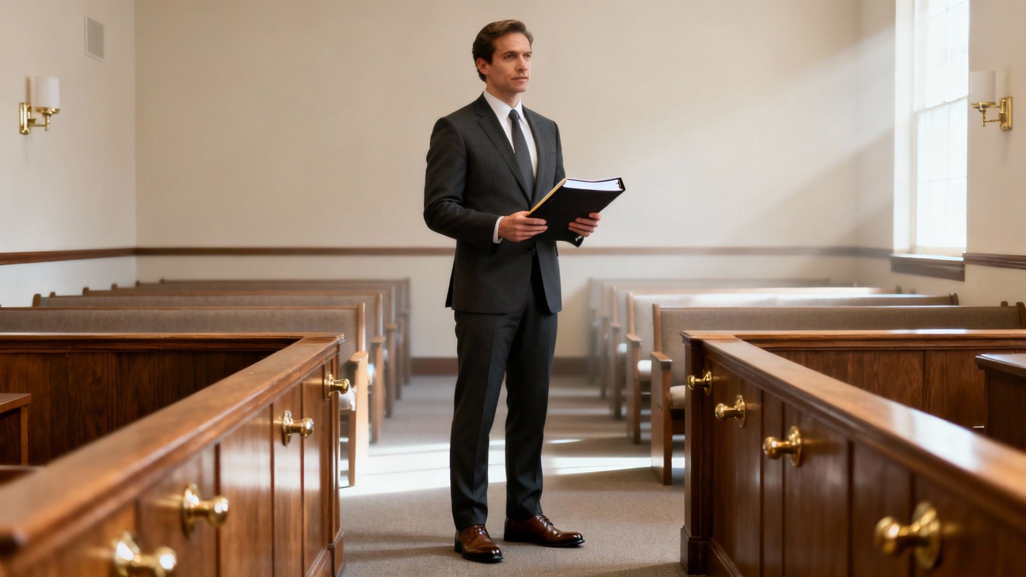 A professional man in a dark suit stands in a formal setting, holding a binder, bathed in light.