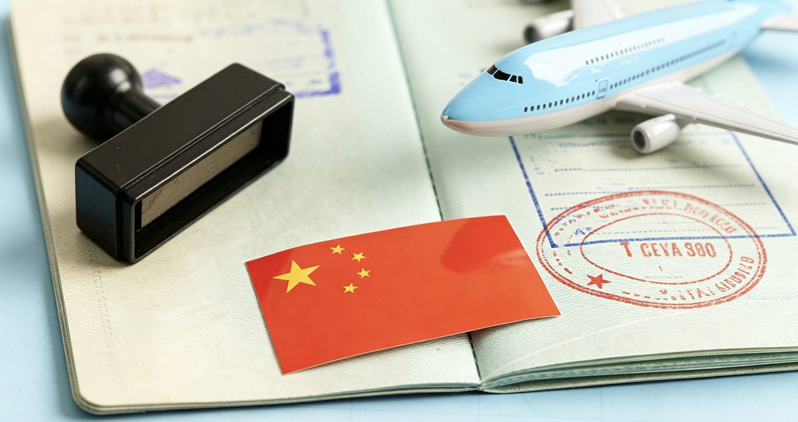 Chinese visa and passport stamps with airplane model