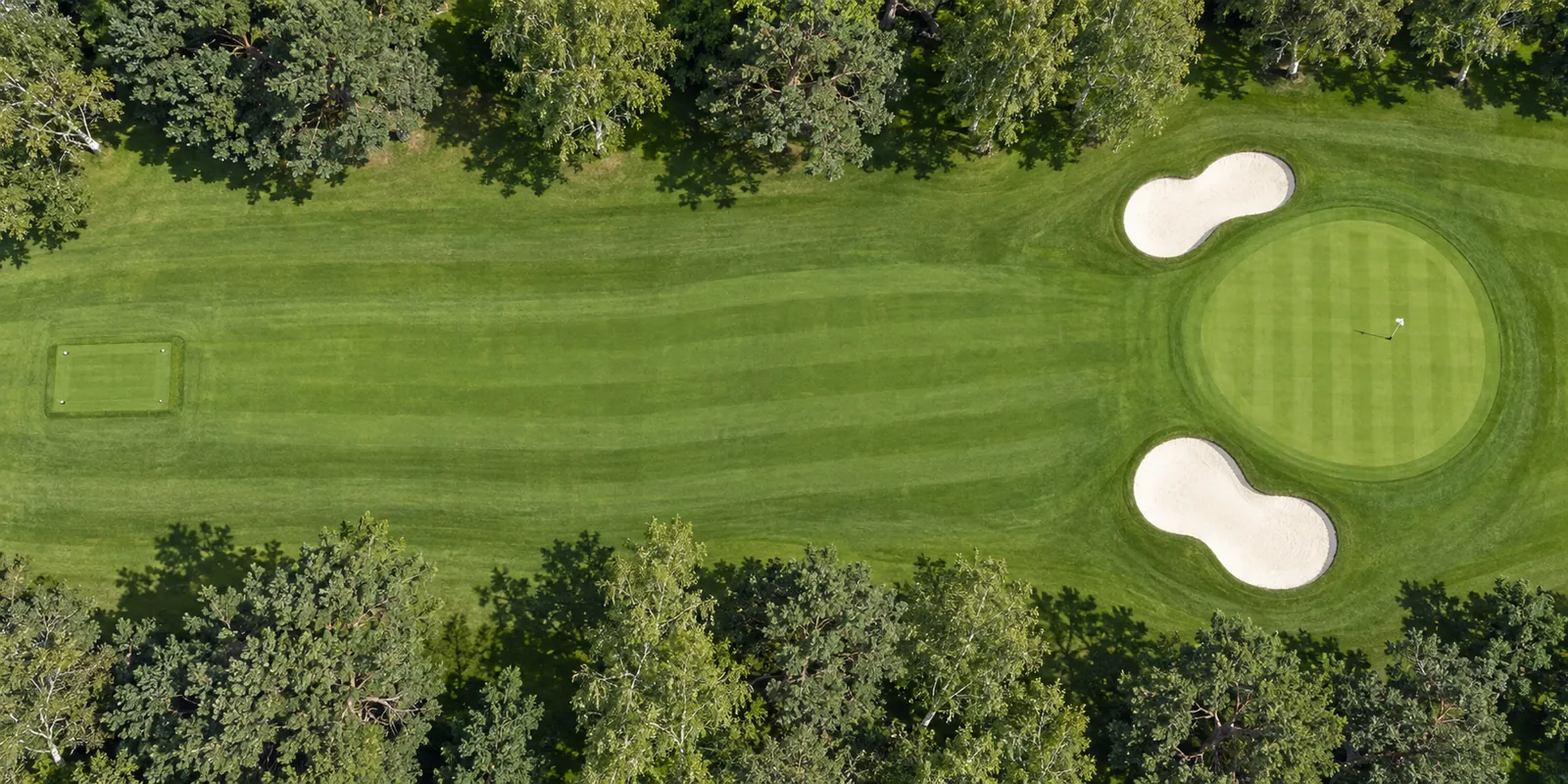Aerial view of hole 12, Sandy Lane, from the tee on the left to the green on the right.