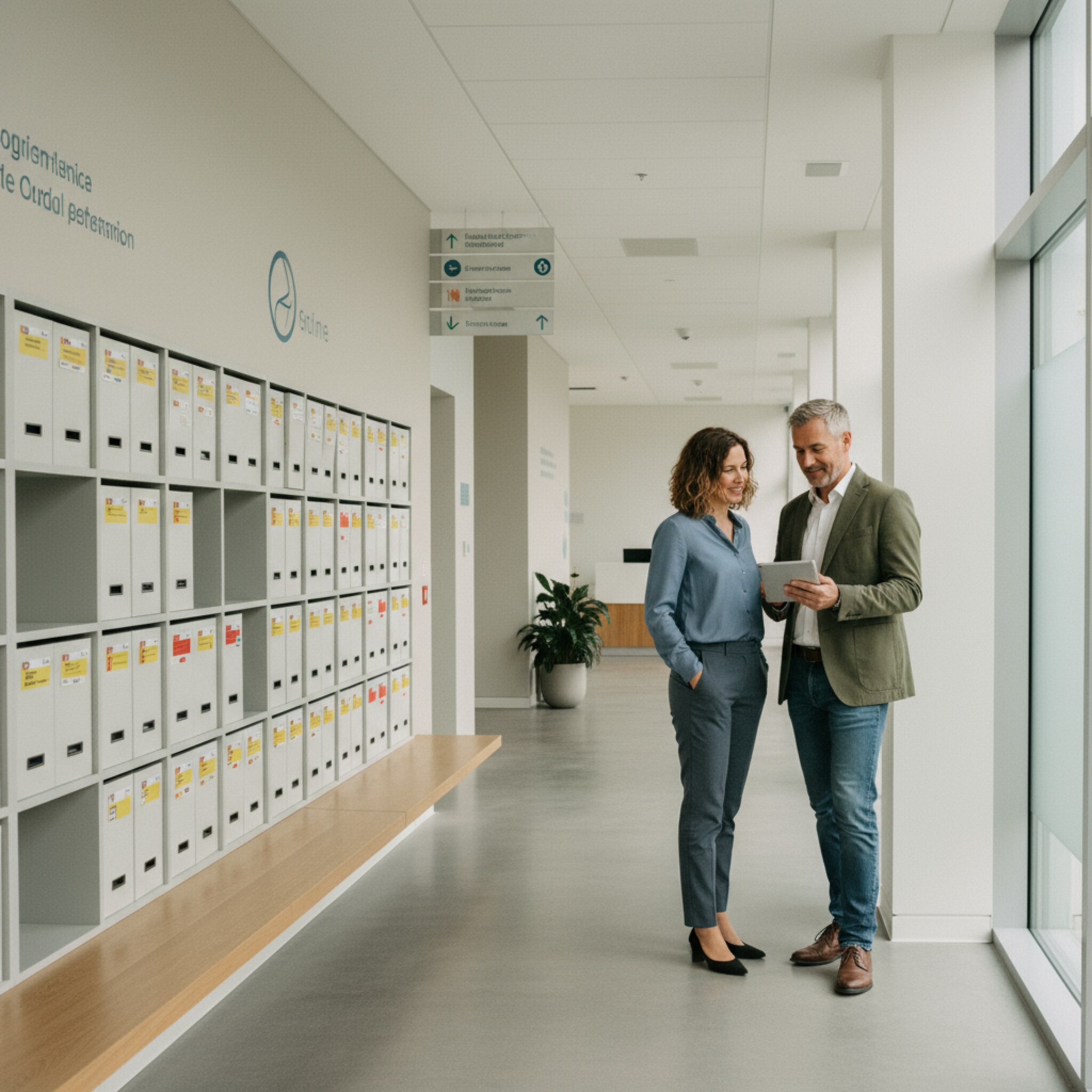 In einem Korridor mit klarer Beschilderung bespricht eine MFA mit einem Unternehmensansprechpartner die nächsten Termine. Beschriftete Boxen für Standorte stehen ordentlich an der Wand. Helles Licht sorgt für eine sachliche, geordnete Stimmung. Alles wirkt strukturiert und eindeutig zugeordnet.