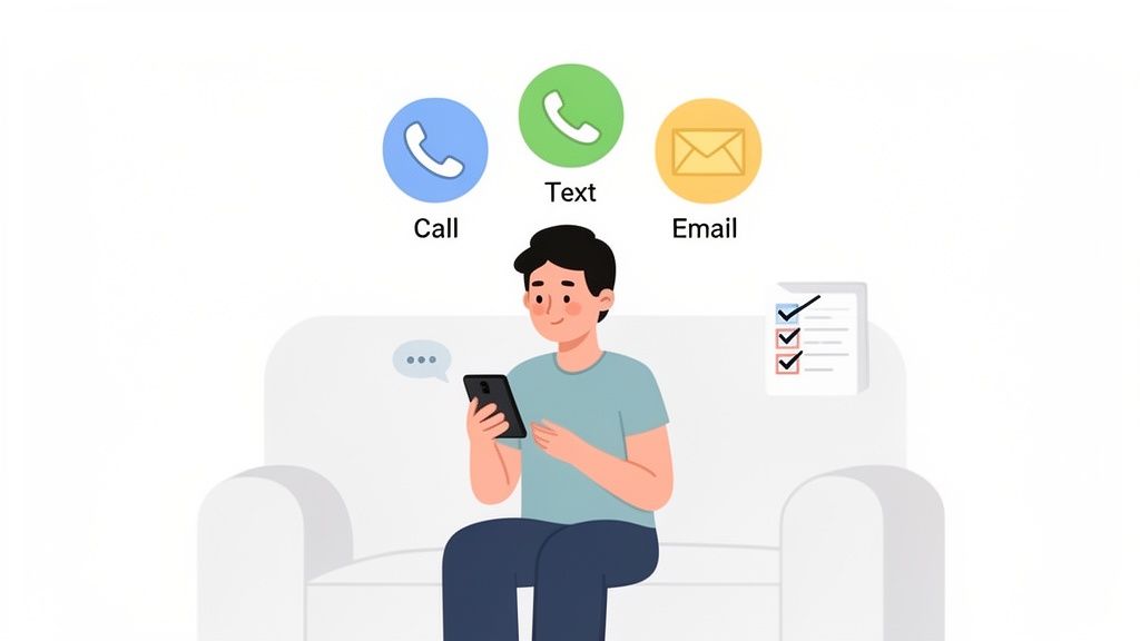 Illustration of a man on a couch using his phone, with options for call, text, and email, and a task list.