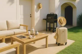 A bright Mediterranean-style patio with a straw hat resting on a beige suitcase, outdoor rattan seating, a wooden table with decor, a tablet, and wireless headphones. The scene includes green grass, a white stucco house, and a nearby barbecue.