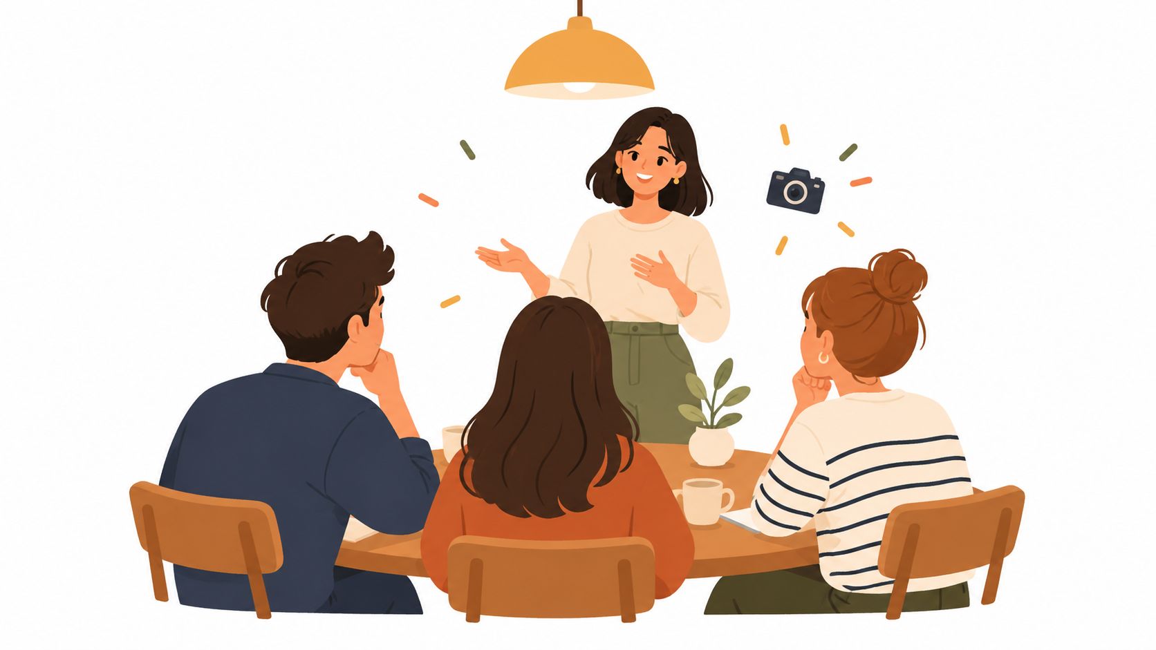 Una mujer presentando ideas creativas a sus compañeros sentados alrededor de una mesa durante una reunión.