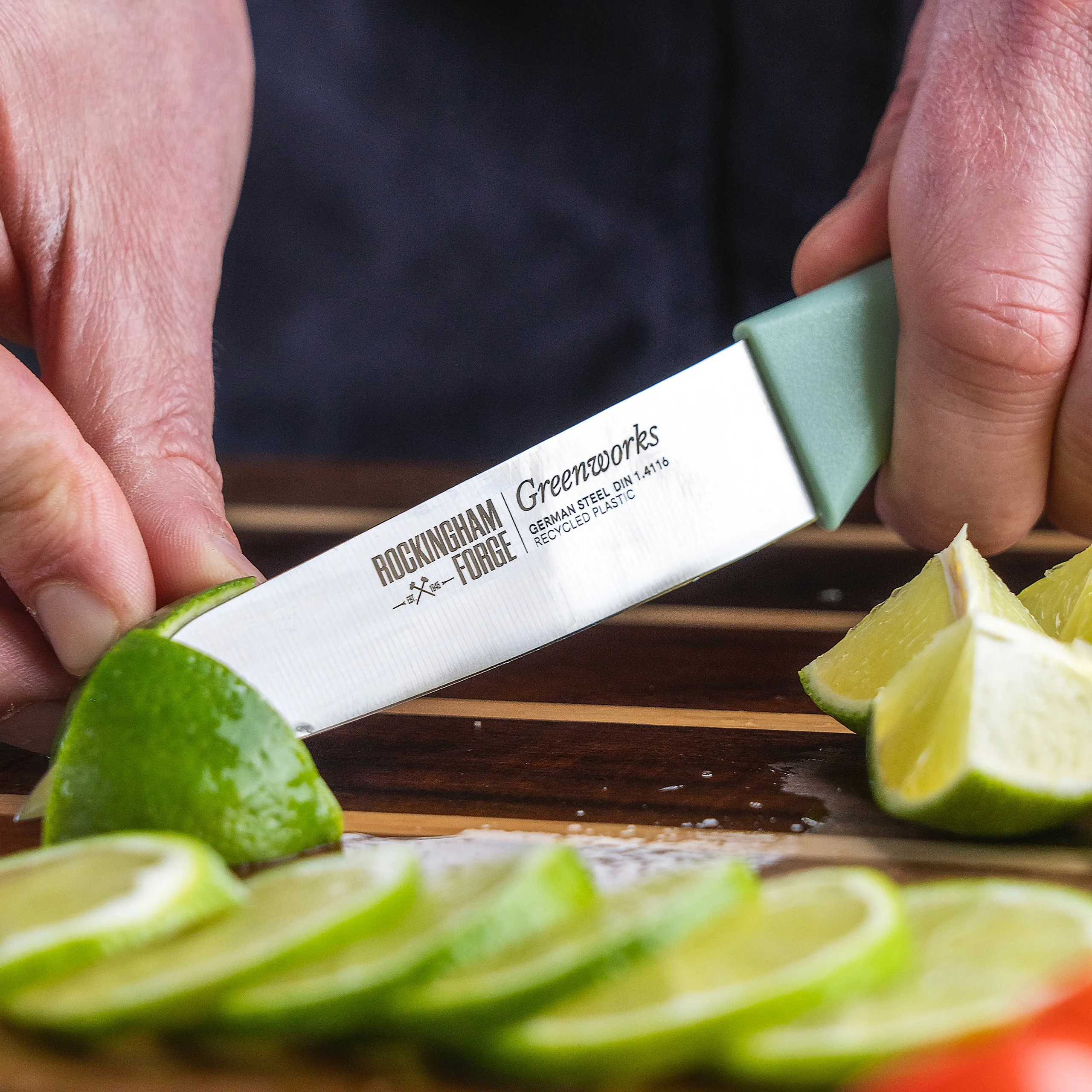 Greenworks kitchen knife range with recycled plastic handles and refined black and green product detailing