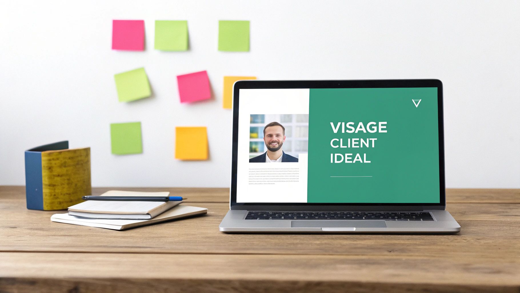 Ordinateur portable sur un bureau en bois présentant un persona client idéal, avec des notes colorées et des cahiers.