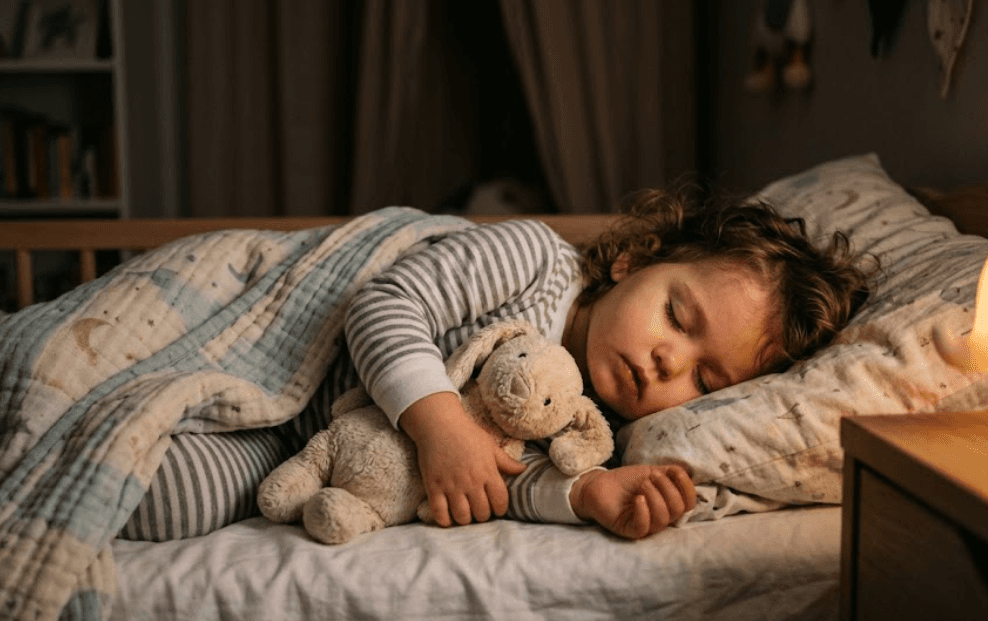 Toddler sleeping peacefully with healthy sleep habits at home