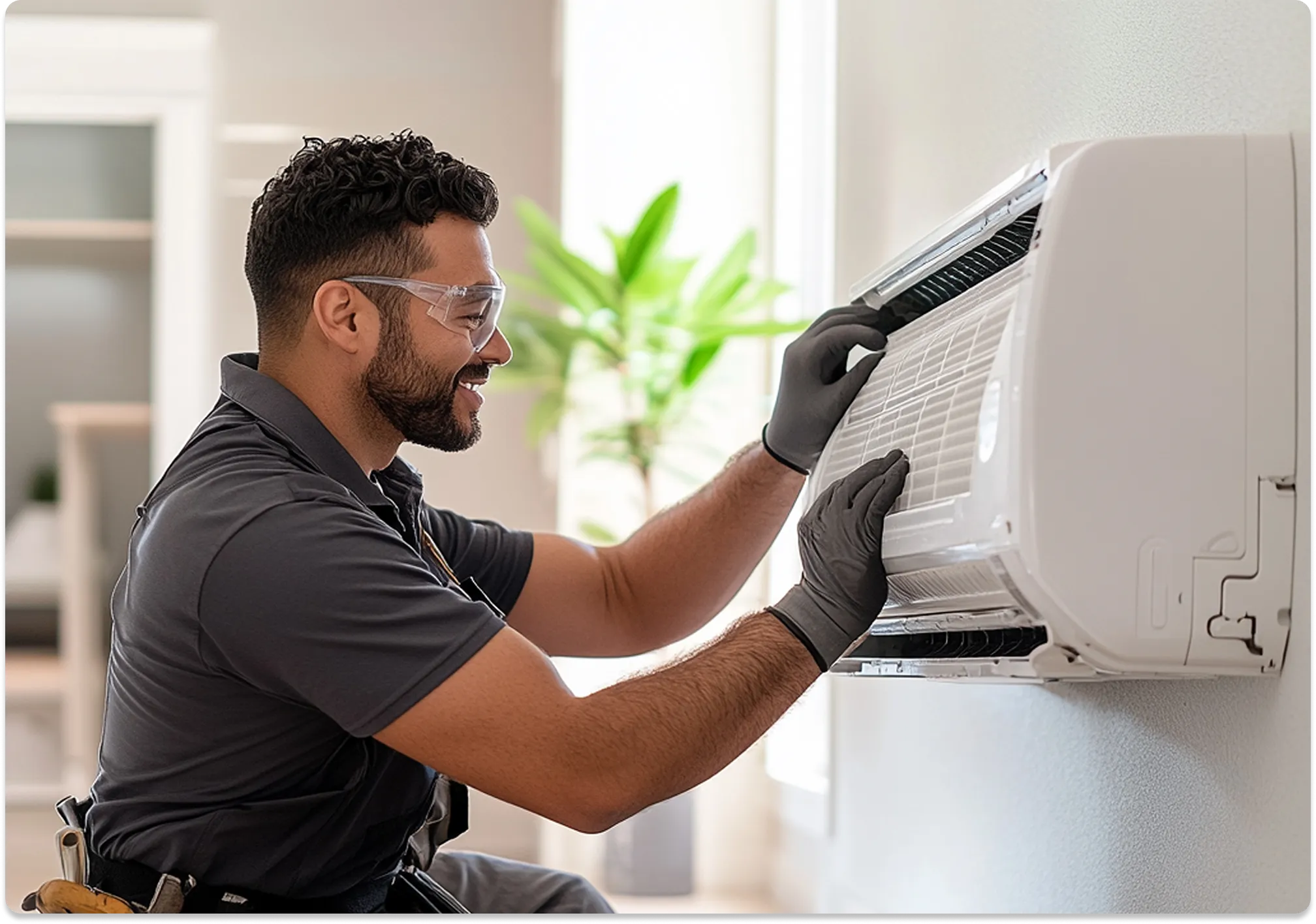 Smiling technician wearing safety glasses and work gloves installing a modern split-system indoor AC unit.