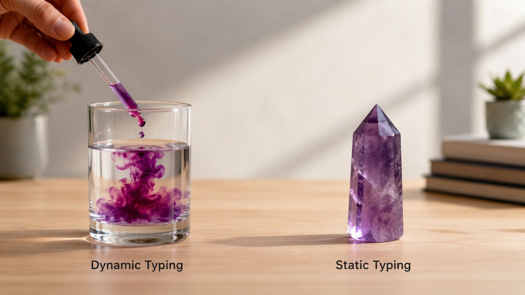 A visual metaphor comparing dynamic typing to liquid ink in water and static typing to a rigid crystal.
