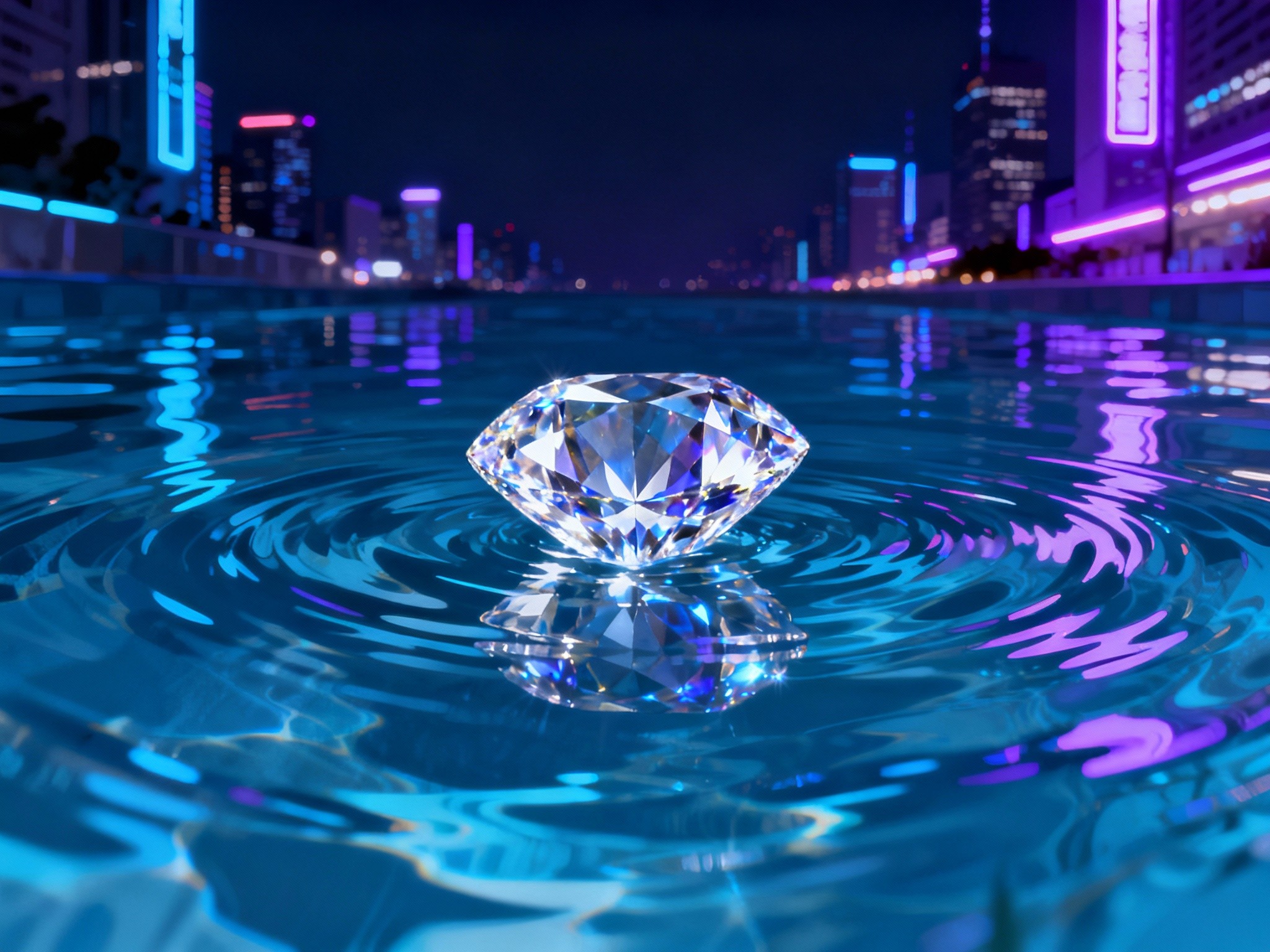 A dramatic wide landscape shot of a cushion cut diamond submerged in crystal-clear water with