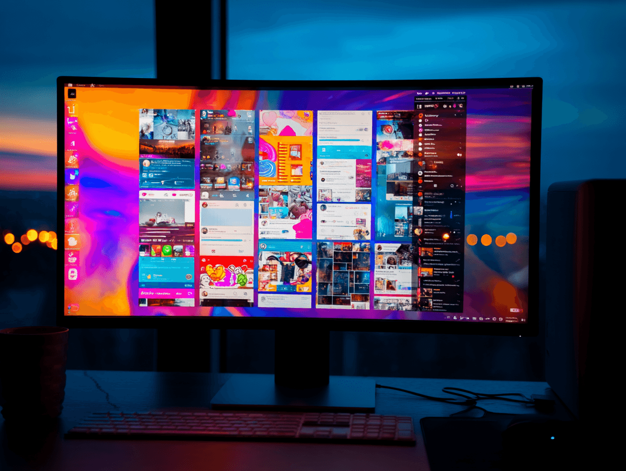 A vibrant display screen shows various colorful images and graphics against a backdrop of a twilight sky.