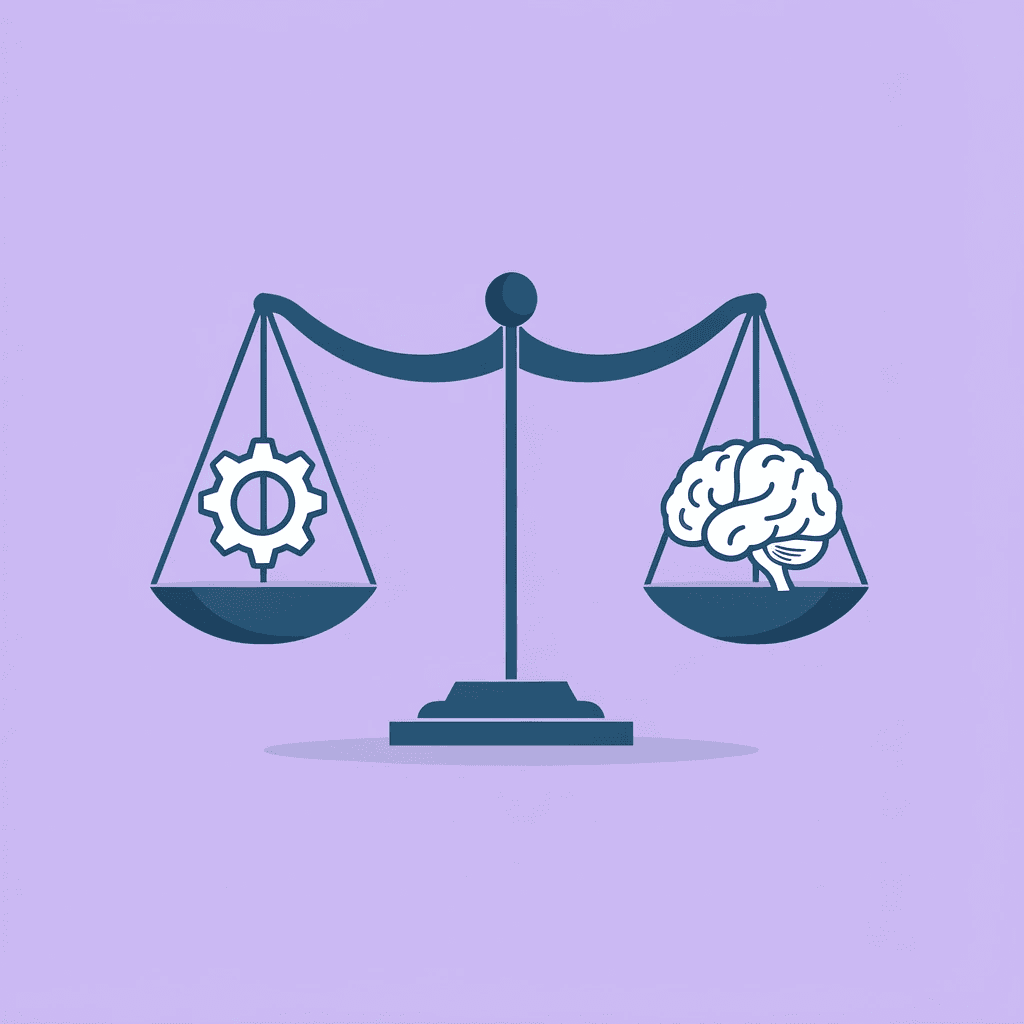 Balance scale comparing autonomous AI digital workers on one side versus rule-based automation requiring human oversight on the other