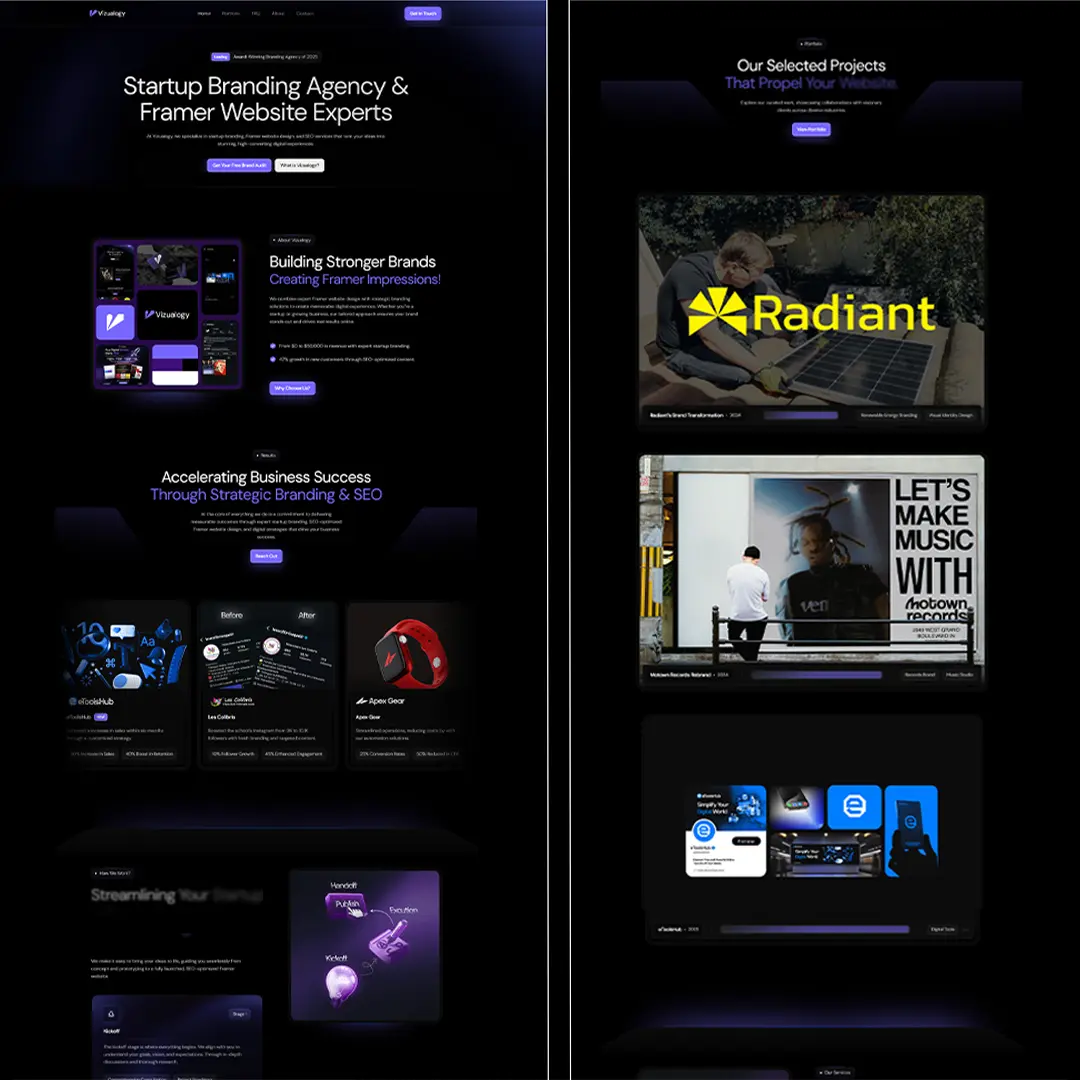 Startup branding agency website showcasing Framer expertise with project examples.