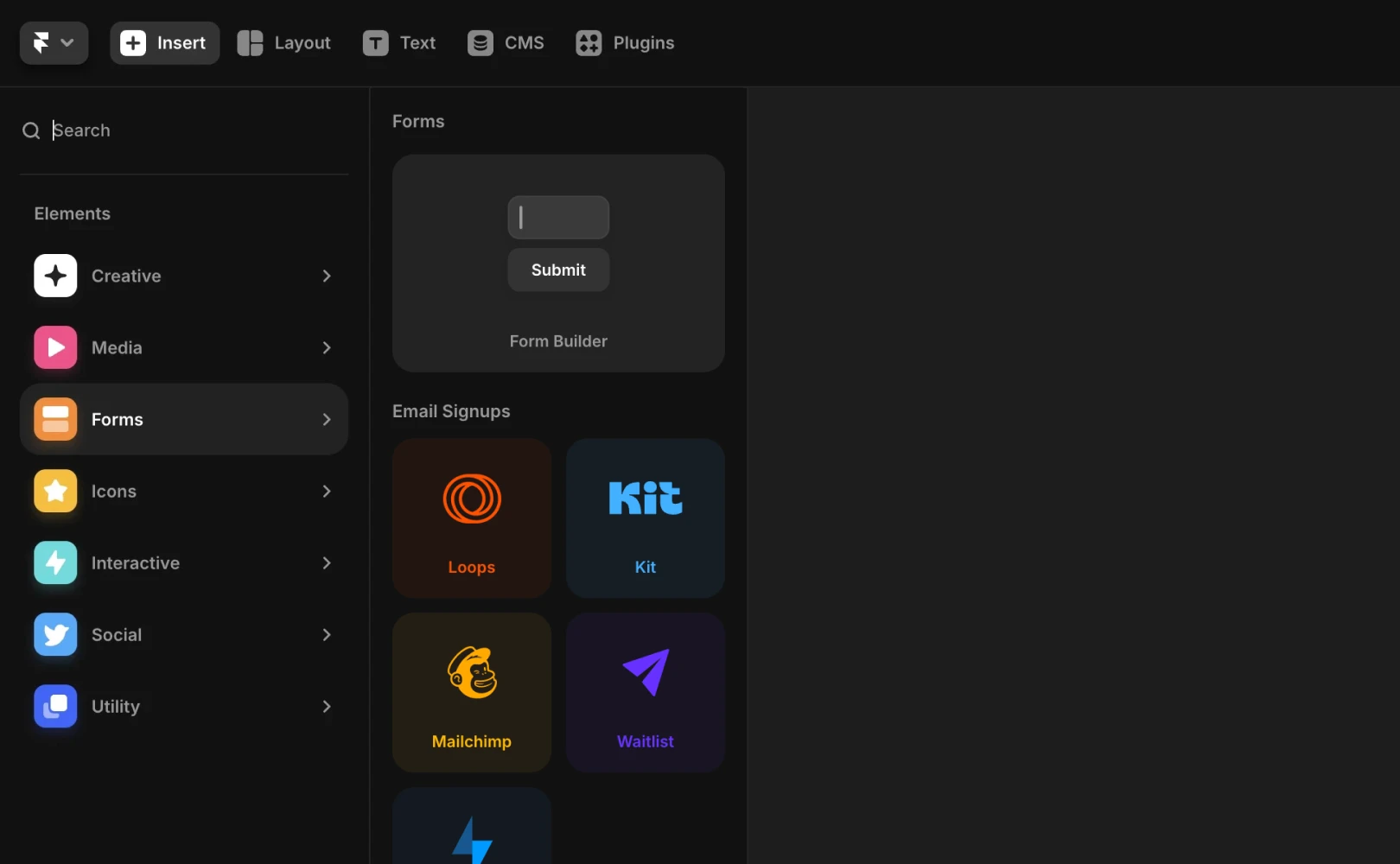 Framer의 Insert란에서 내장되어있는 Form을 찾는 경로를 설명합니다.
