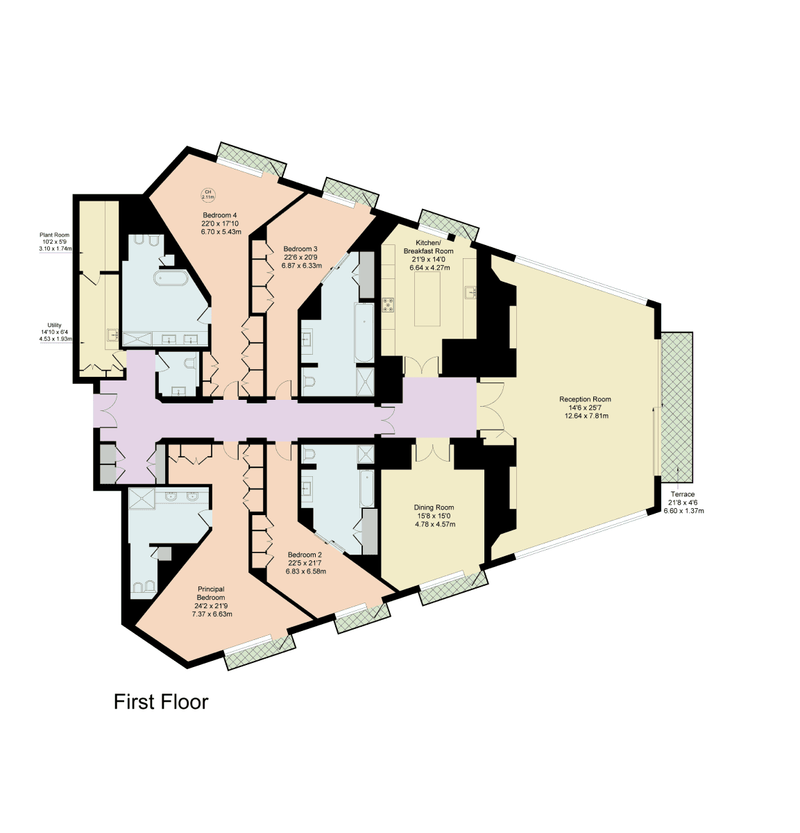  floor plan featuring four bedrooms, two reception rooms, a kitchen, dining area, and terrace. Designed to provide a clear layout for potential buyers or renters